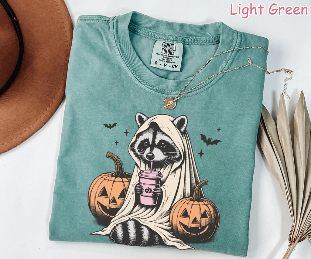 Comfort Colors® Halloween Raccoon Shirt, Cute Ghost Raccoon Shirt Raccoon Pumpkin Spice Tee Funny Spooky Season Shirt Fall Coffee Lover Gift