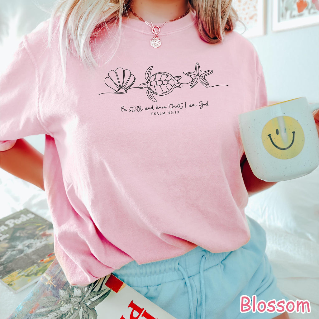 Comfort Colors® Cute Christian Shirt, Be Still And Know That I Am God, Bible Verse Shirt, Summer Religious Shirt, Seashell Turtle Sea Shirt