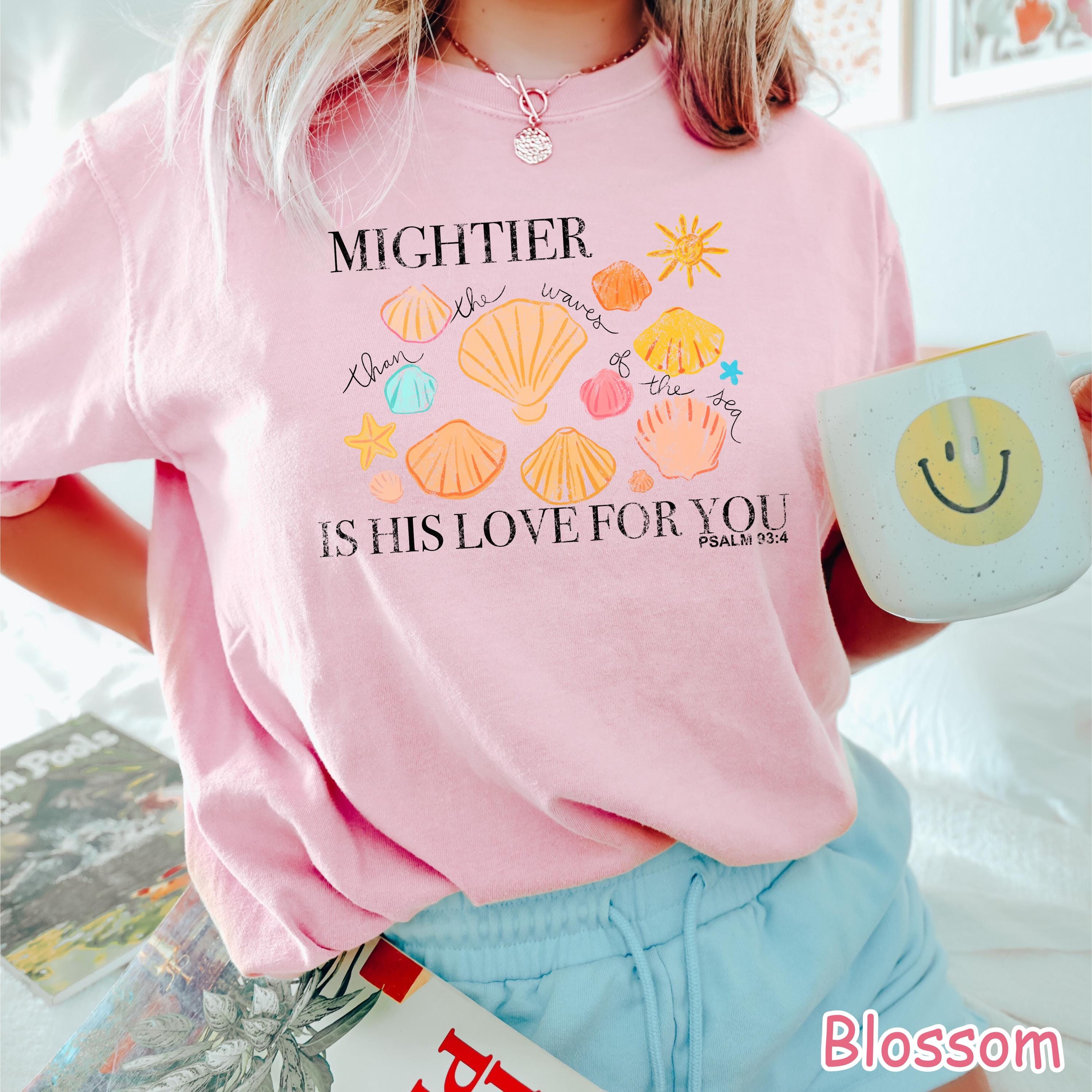 Comfort Colors Mightier Than The Waves Shirt - Christian Beach Shirt - Faith Shirt - Cute Bible Verse Summer Tee - Seashell Scripture Shirt