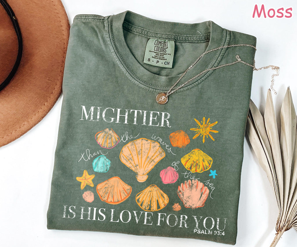 Comfort Colors Mightier Than The Waves Shirt - Christian Beach Shirt - Faith Shirt - Cute Bible Verse Summer Tee - Seashell Scripture Shirt