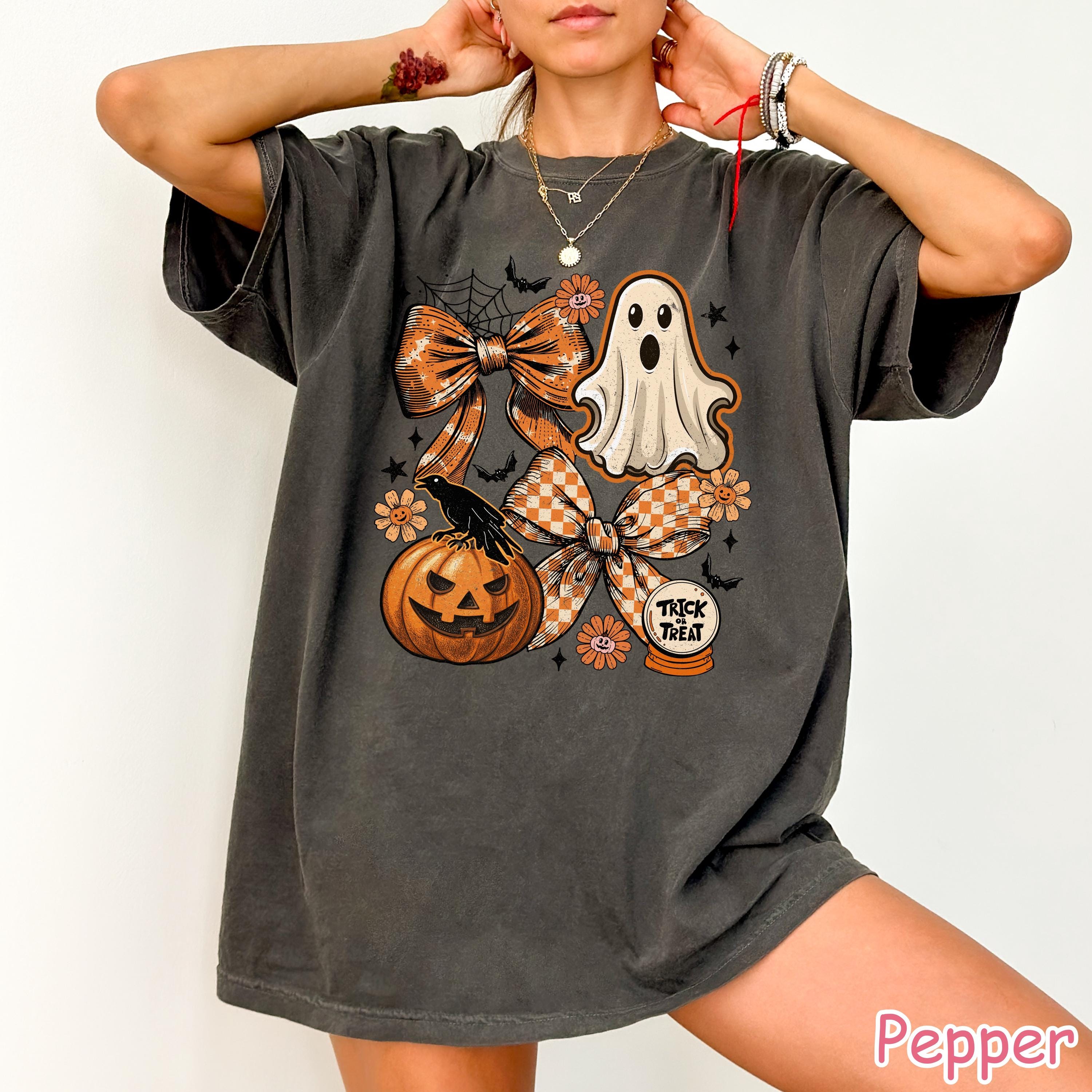 Comfort Colors® Coquette Halloween Shirt, Cute Ghost Pumpkin Shirt, Retro Spooky Season Shirt, Women's Halloween Graphic Tee, Fall Bow Shirt