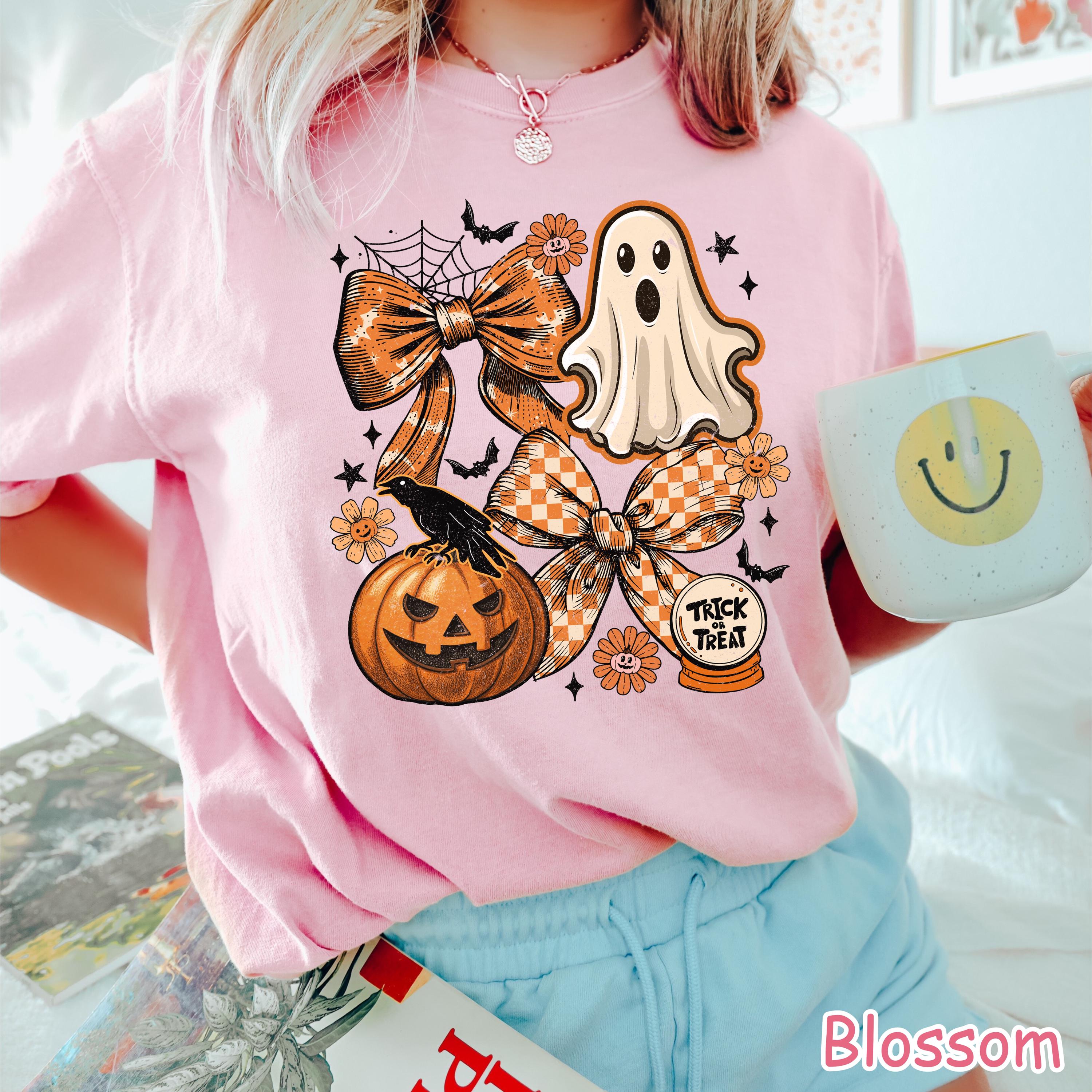 Comfort Colors® Coquette Halloween Shirt, Cute Ghost Pumpkin Shirt, Retro Spooky Season Shirt, Women's Halloween Graphic Tee, Fall Bow Shirt