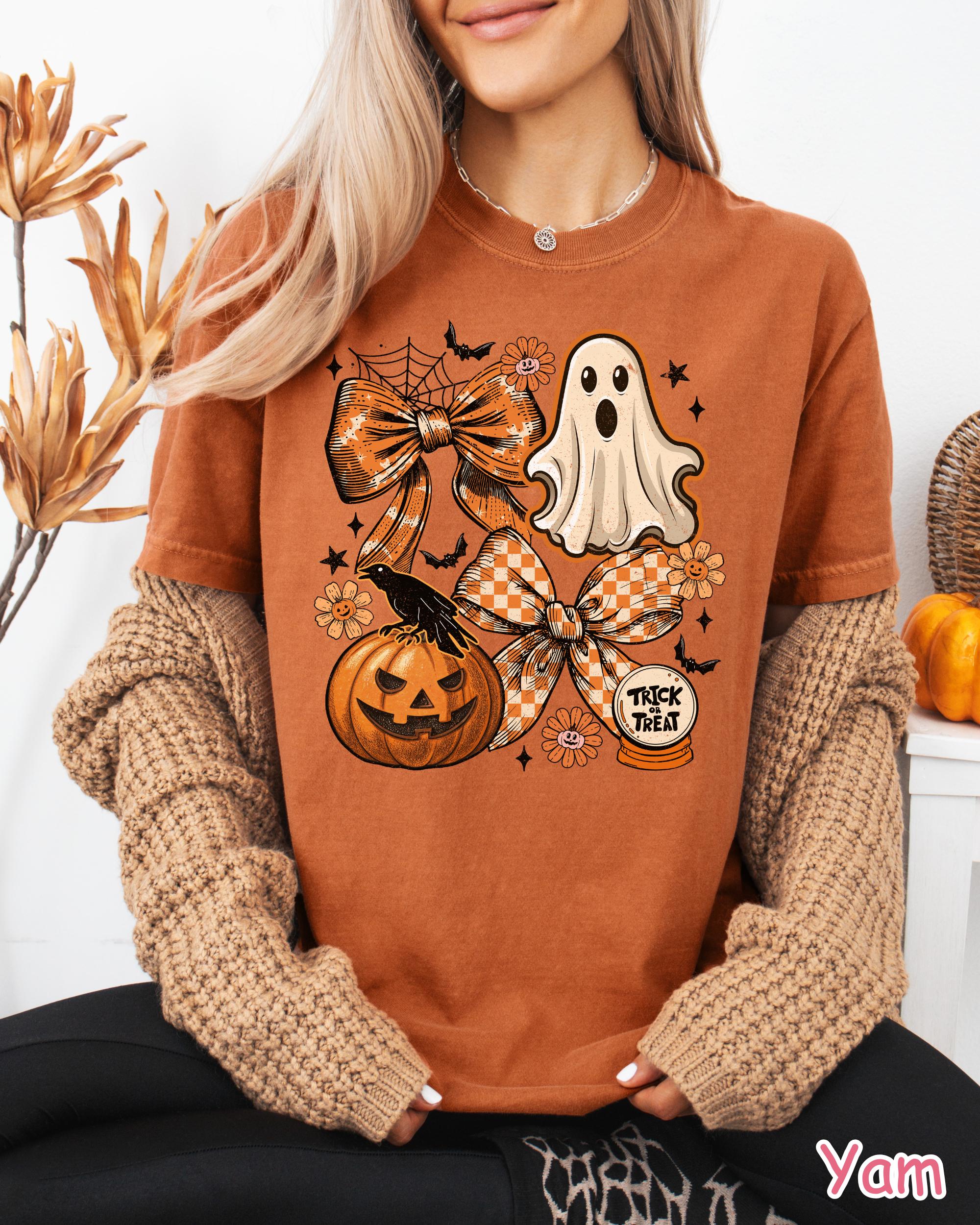 Comfort Colors® Coquette Halloween Shirt, Cute Ghost Pumpkin Shirt, Retro Spooky Season Shirt, Women's Halloween Graphic Tee, Fall Bow Shirt