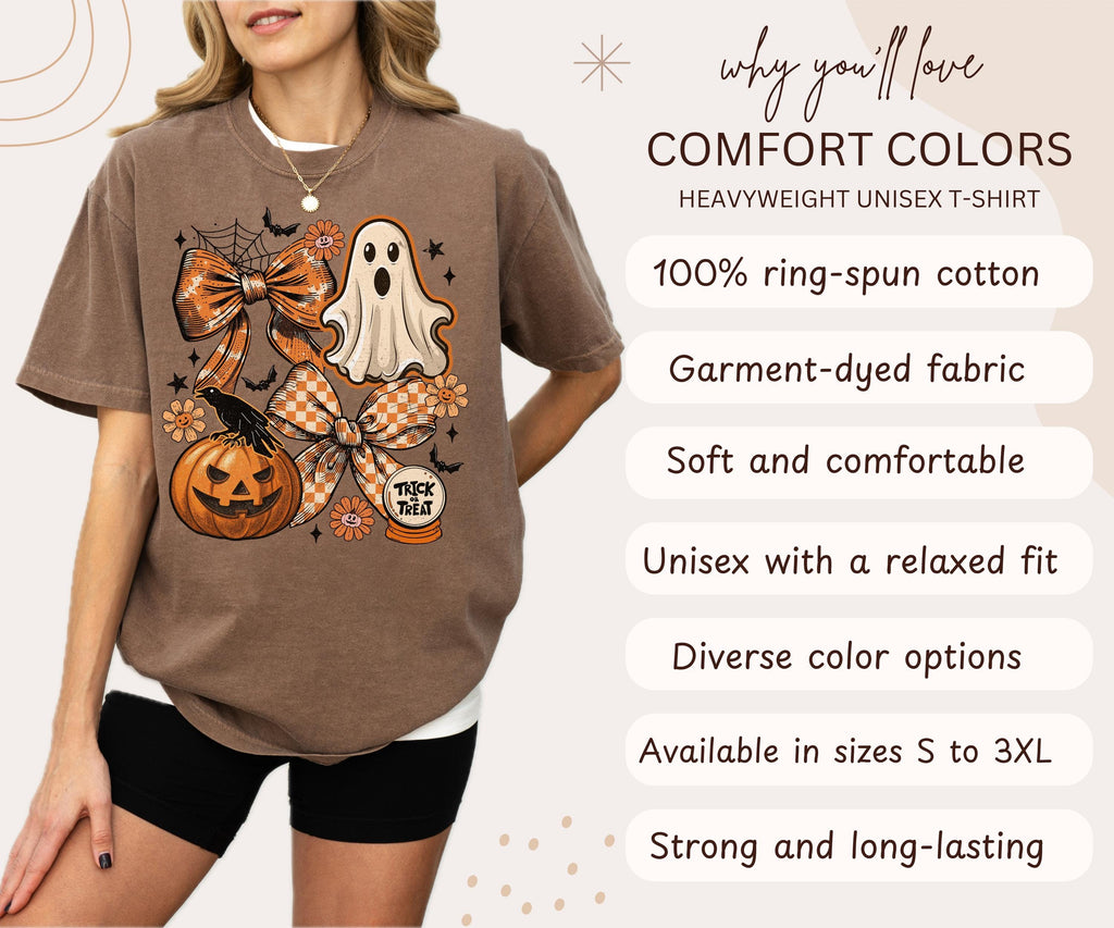 Comfort Colors® Coquette Halloween Shirt, Cute Ghost Pumpkin Shirt, Retro Spooky Season Shirt, Women's Halloween Graphic Tee, Fall Bow Shirt