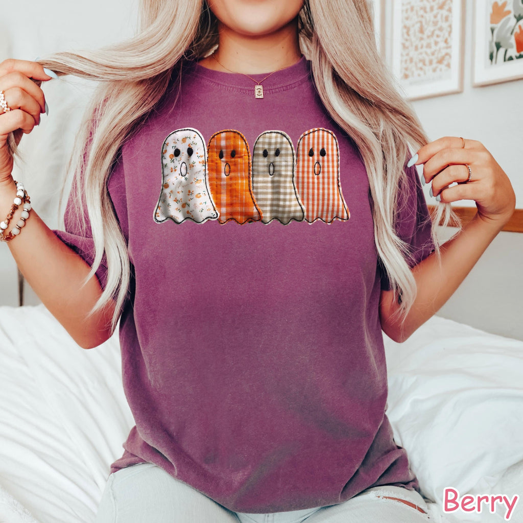 Comfort Colors® Patchwork Ghost Shirt, Halloween Ghost Shirt, Fall Ghost Quilt Shirt, Cute Spooky Season Shirt, Women's Halloween Shirt