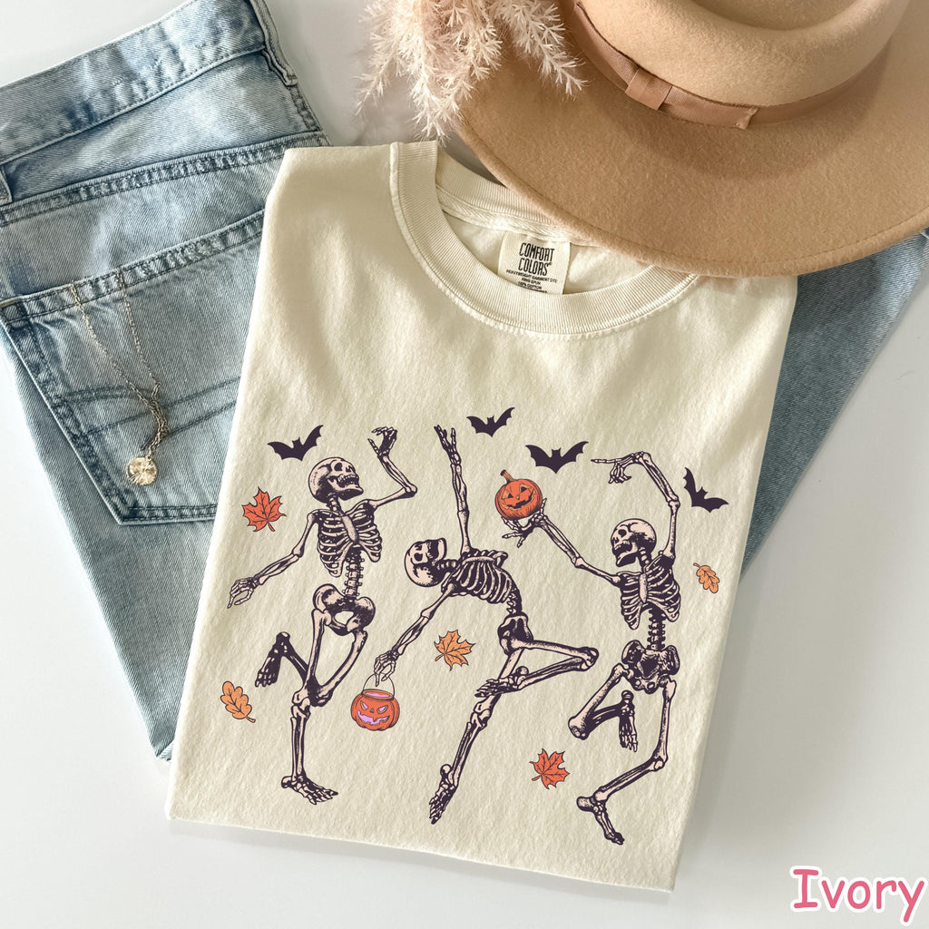 Comfort Colors® Dancing Skeleton Shirt, Retro Halloween Shirt, Pumpkin Shirt, Fall Shirt, Funny Halloween Women's Tee, Spooky Season T-Shirt