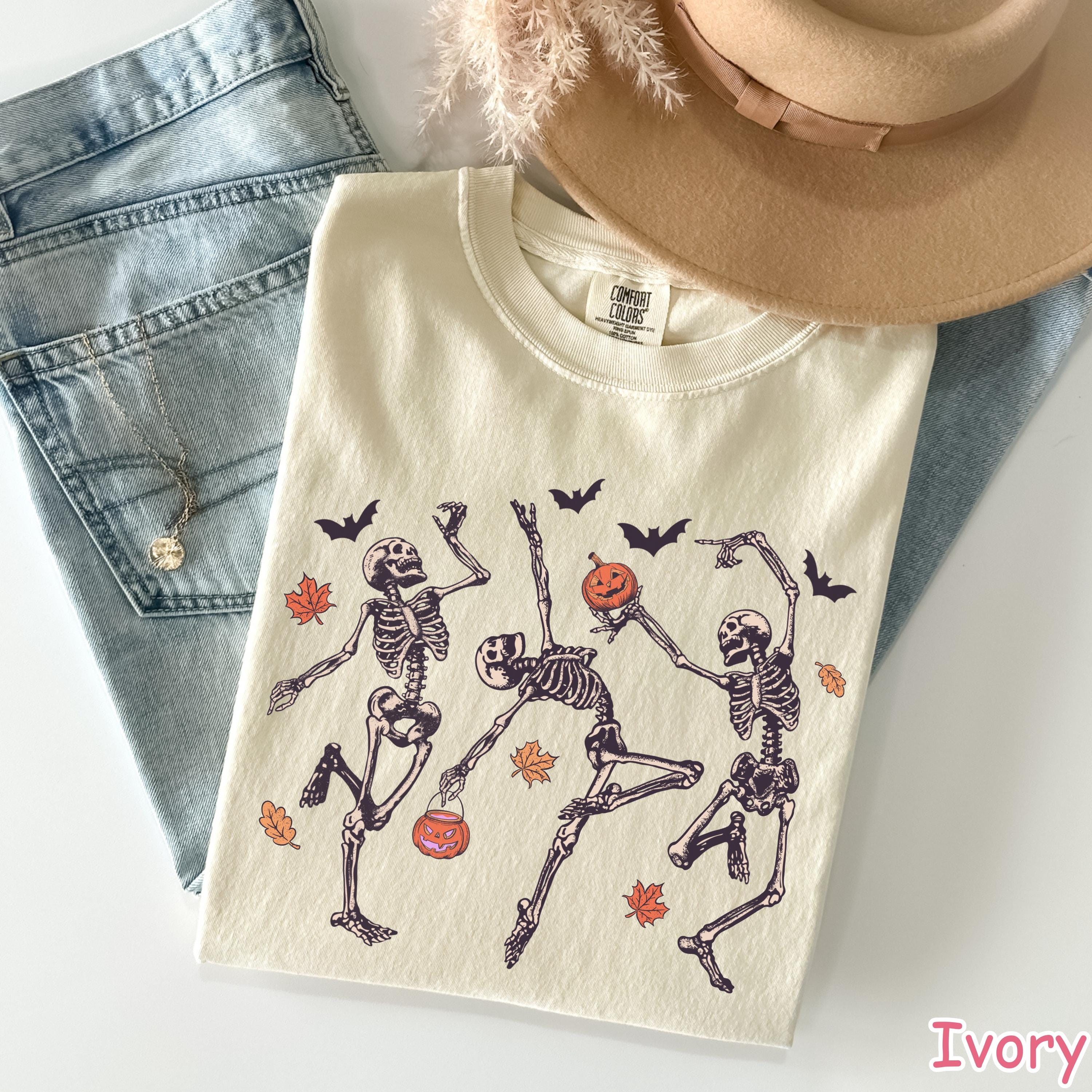 Comfort Colors® Dancing Skeleton Shirt, Retro Halloween Shirt, Pumpkin Shirt, Fall Shirt, Funny Halloween Women's Tee, Spooky Season T-Shirt