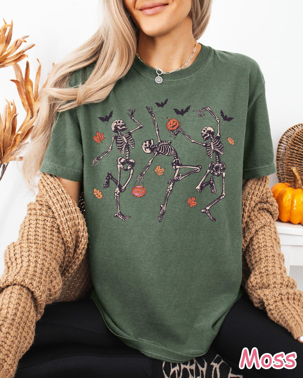 Comfort Colors® Dancing Skeleton Shirt, Retro Halloween Shirt, Pumpkin Shirt, Fall Shirt, Funny Halloween Women's Tee, Spooky Season T-Shirt