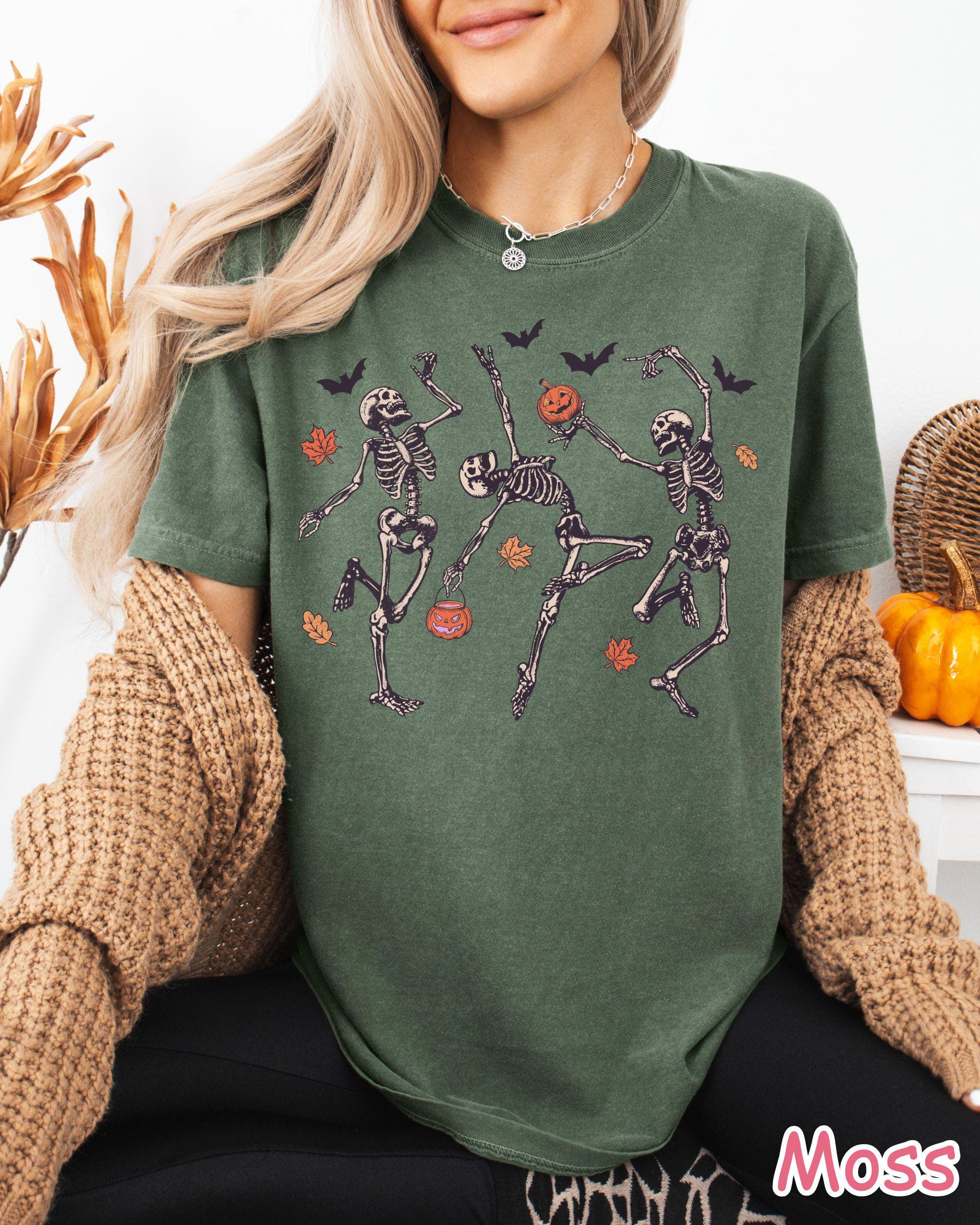 Comfort Colors® Dancing Skeleton Shirt, Retro Halloween Shirt, Pumpkin Shirt, Fall Shirt, Funny Halloween Women's Tee, Spooky Season T-Shirt