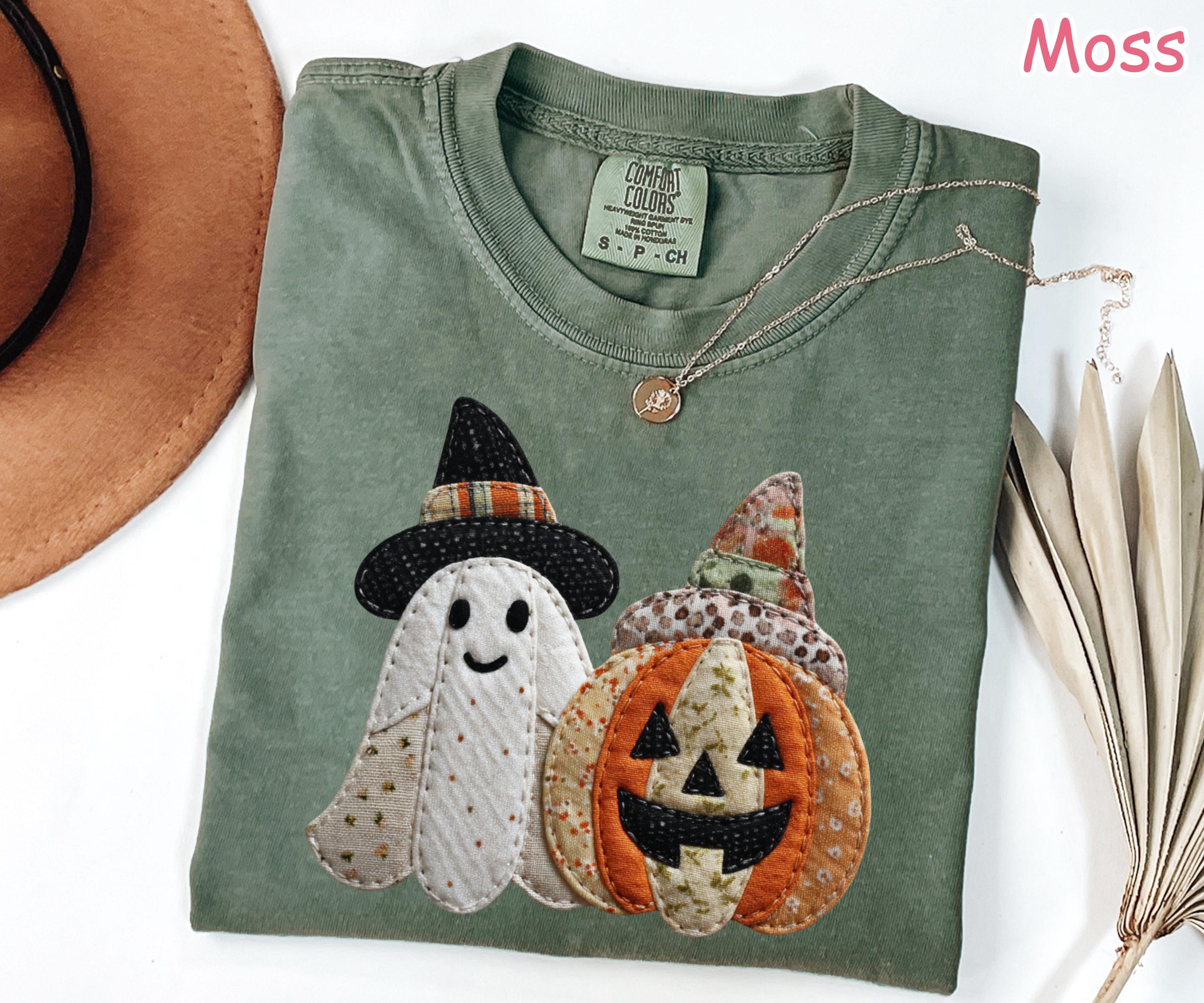 Comfort Colors® Patchwork Ghost Pumpkin Shirt, Cute Halloween Ghost Shirt, Fall Pumpkin T-Shirt, Women's Halloween Graphic Tee Spooky Season