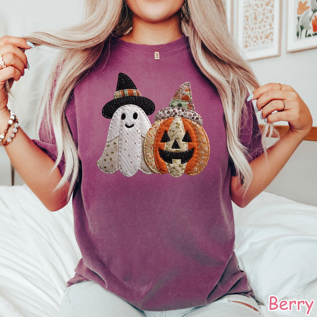 Comfort Colors® Patchwork Ghost Pumpkin Shirt, Cute Halloween Ghost Shirt, Fall Pumpkin T-Shirt, Women's Halloween Graphic Tee Spooky Season