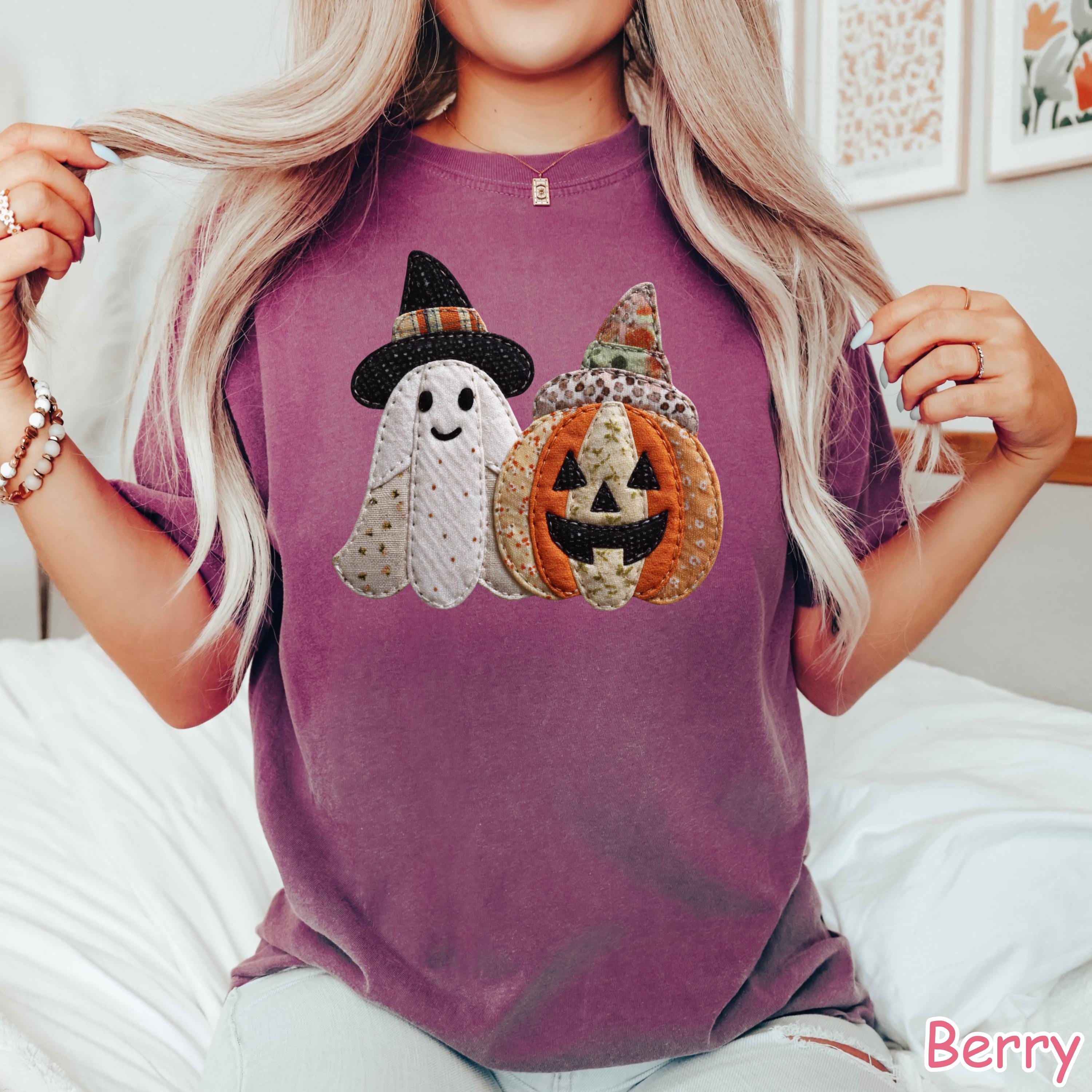 Comfort Colors® Patchwork Ghost Pumpkin Shirt, Cute Halloween Ghost Shirt, Fall Pumpkin T-Shirt, Women's Halloween Graphic Tee Spooky Season