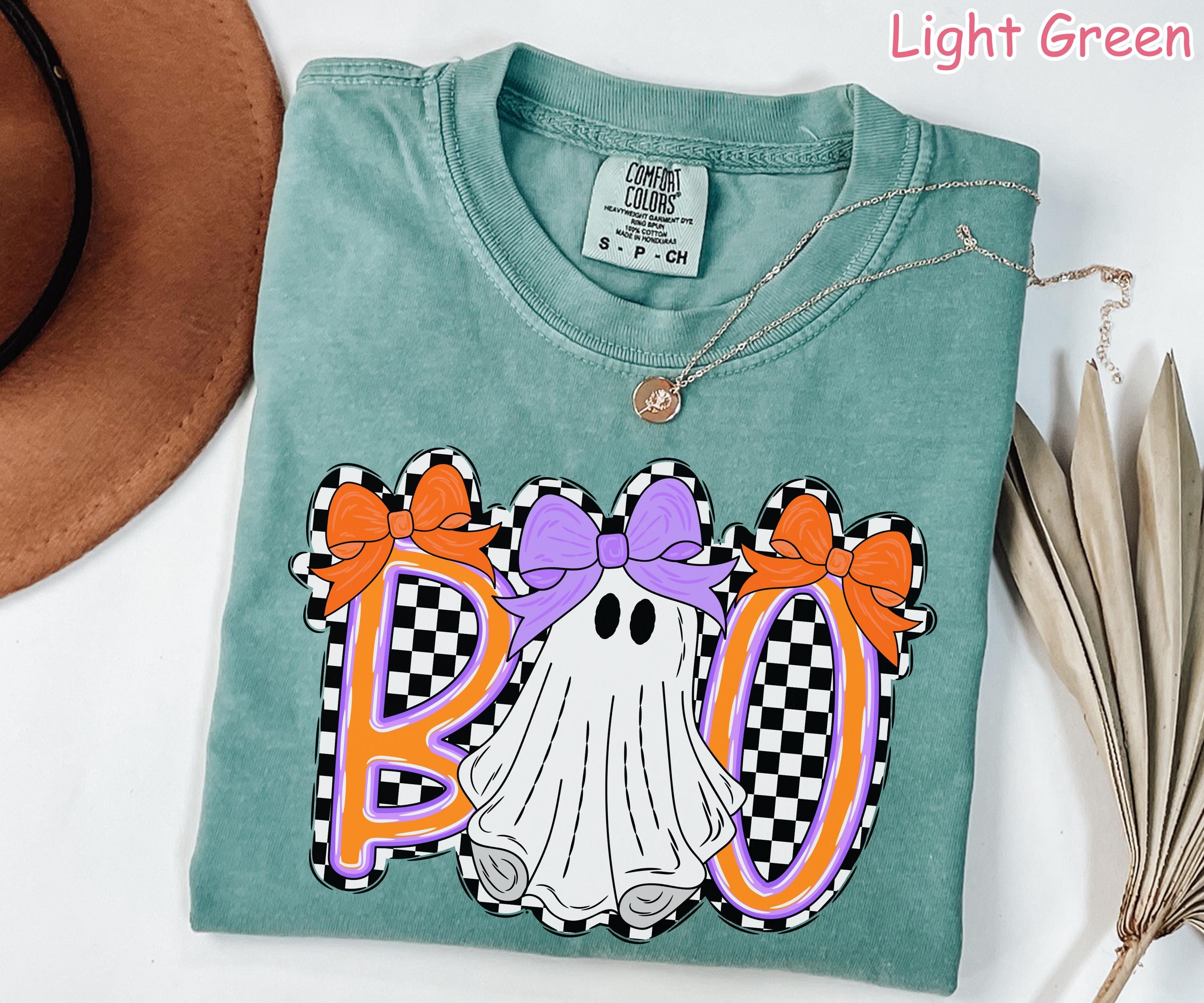 Comfort Colors® Cute Ghost Halloween Shirt, Boo Ghost Shirt, Coquette Halloween Shirt, Retro Checkered Spooky Season, Girly Ghost Bow Tshirt