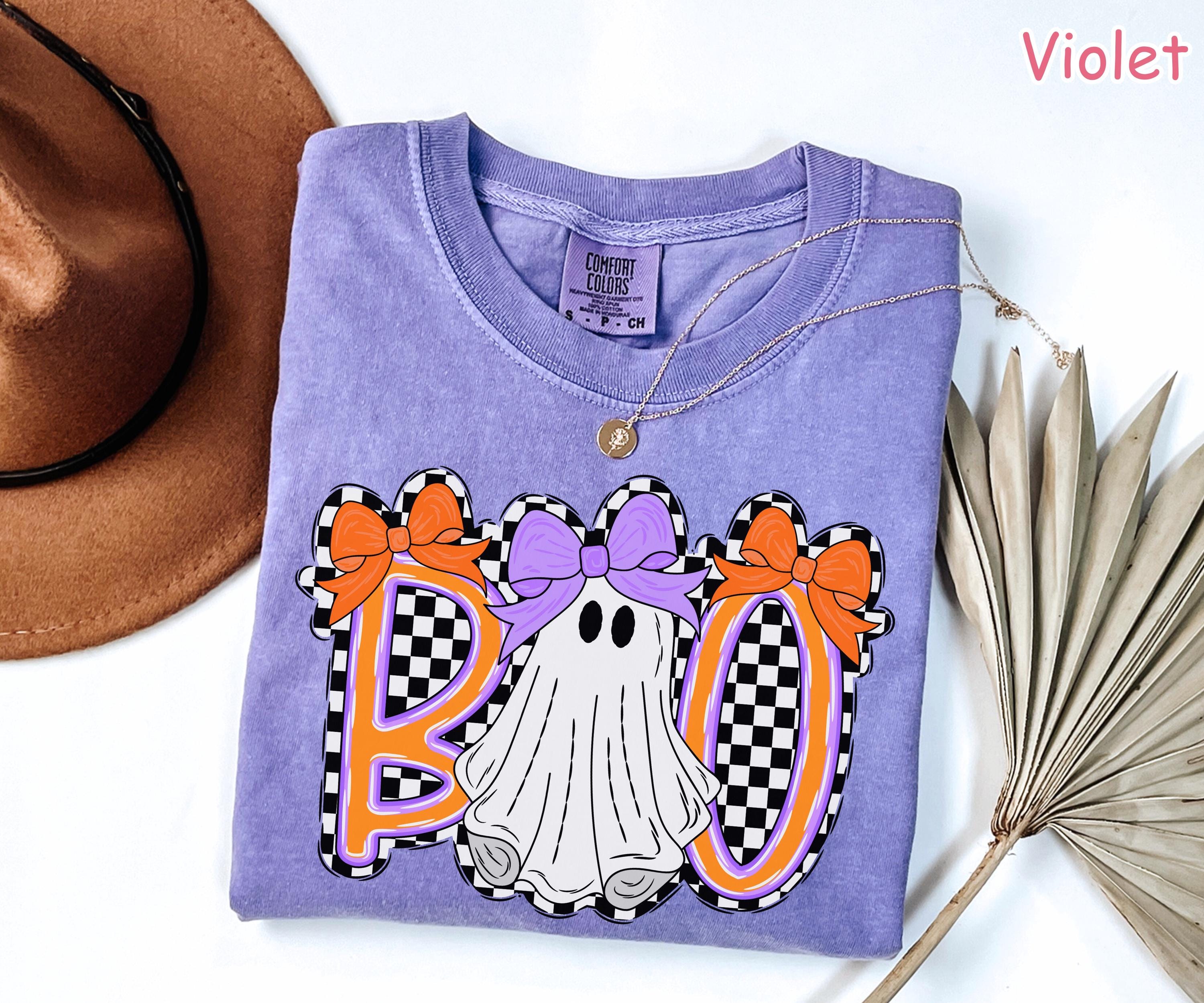 Comfort Colors® Cute Ghost Halloween Shirt, Boo Ghost Shirt, Coquette Halloween Shirt, Retro Checkered Spooky Season, Girly Ghost Bow Tshirt