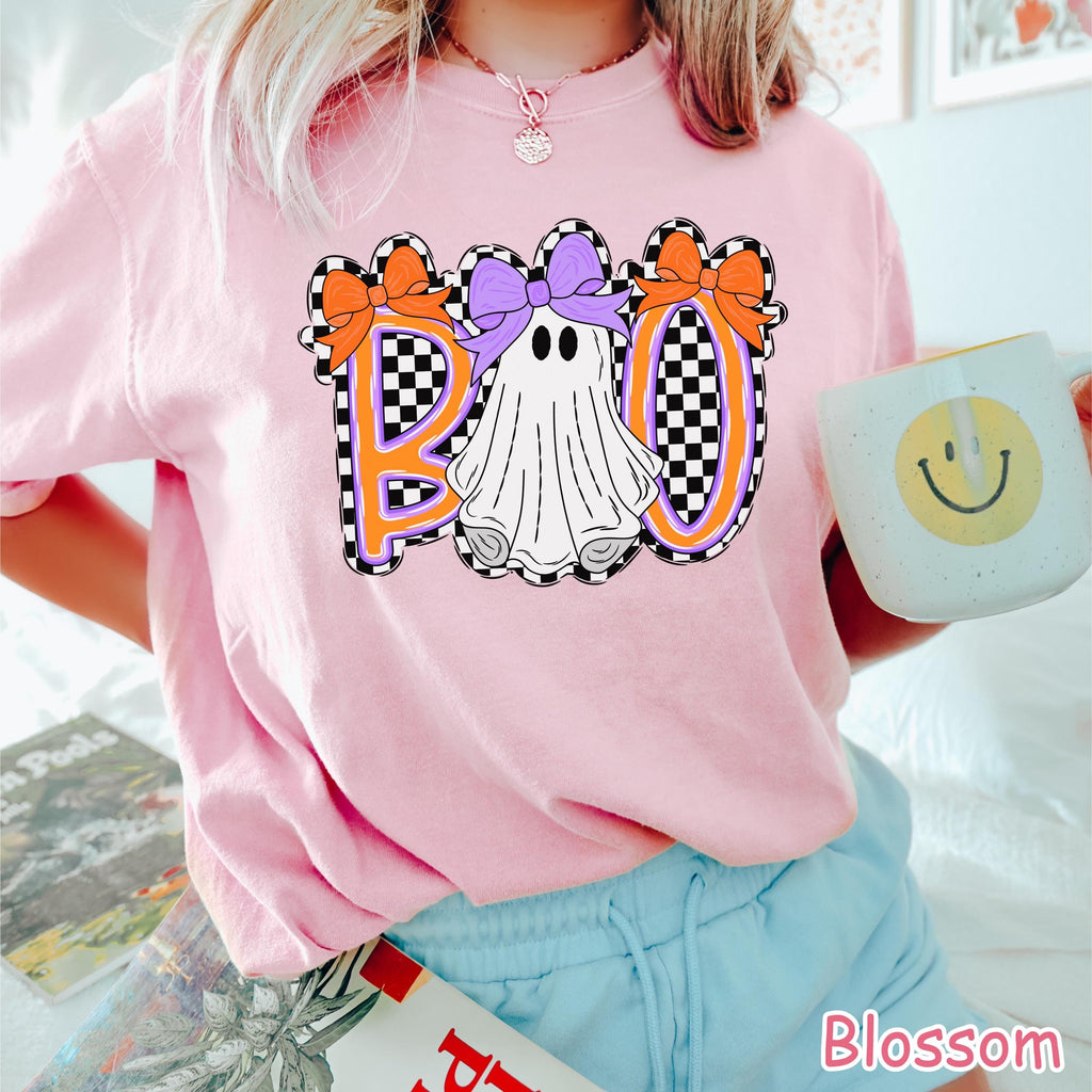 Comfort Colors® Cute Ghost Halloween Shirt, Boo Ghost Shirt, Coquette Halloween Shirt, Retro Checkered Spooky Season, Girly Ghost Bow Tshirt