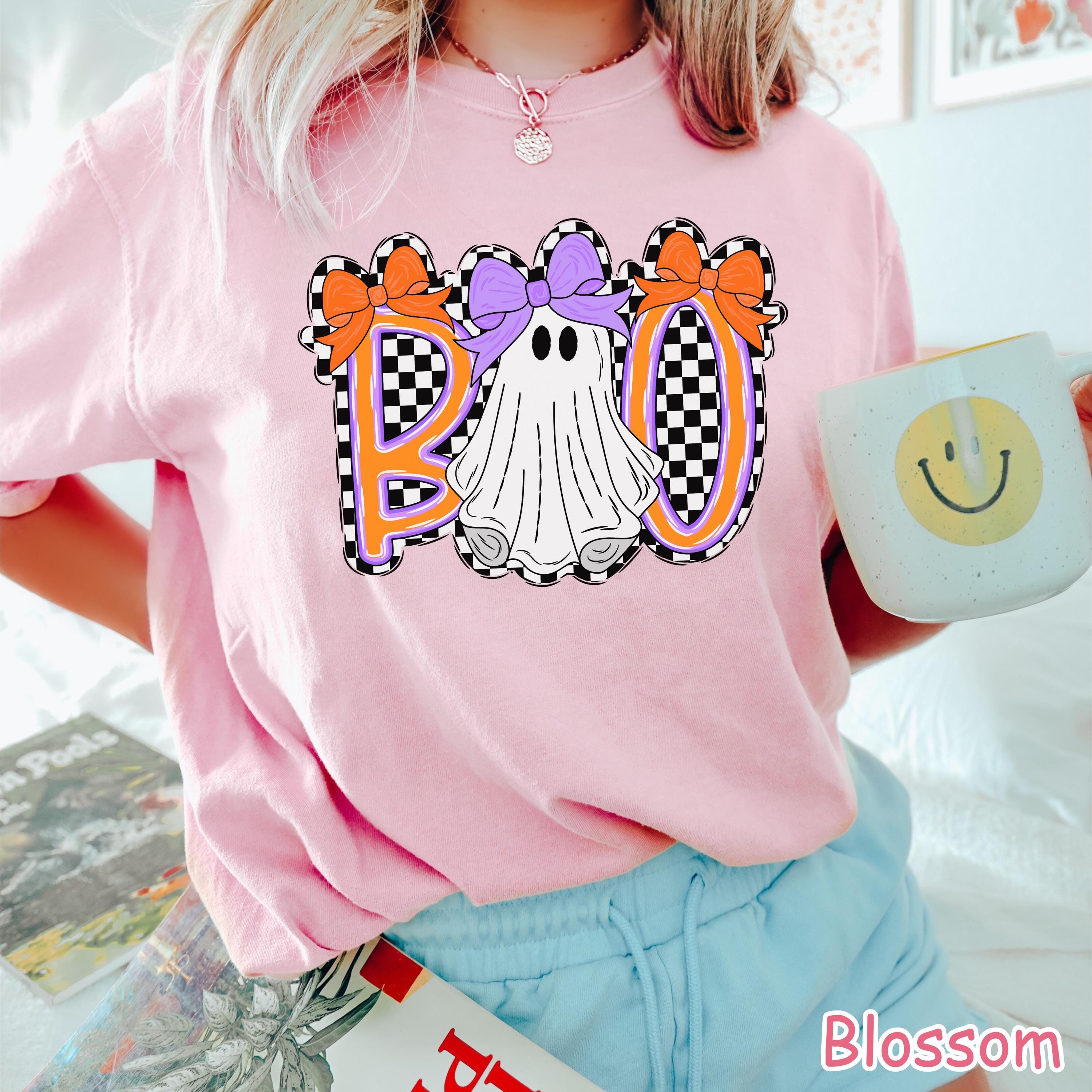 Comfort Colors® Cute Ghost Halloween Shirt, Boo Ghost Shirt, Coquette Halloween Shirt, Retro Checkered Spooky Season, Girly Ghost Bow Tshirt