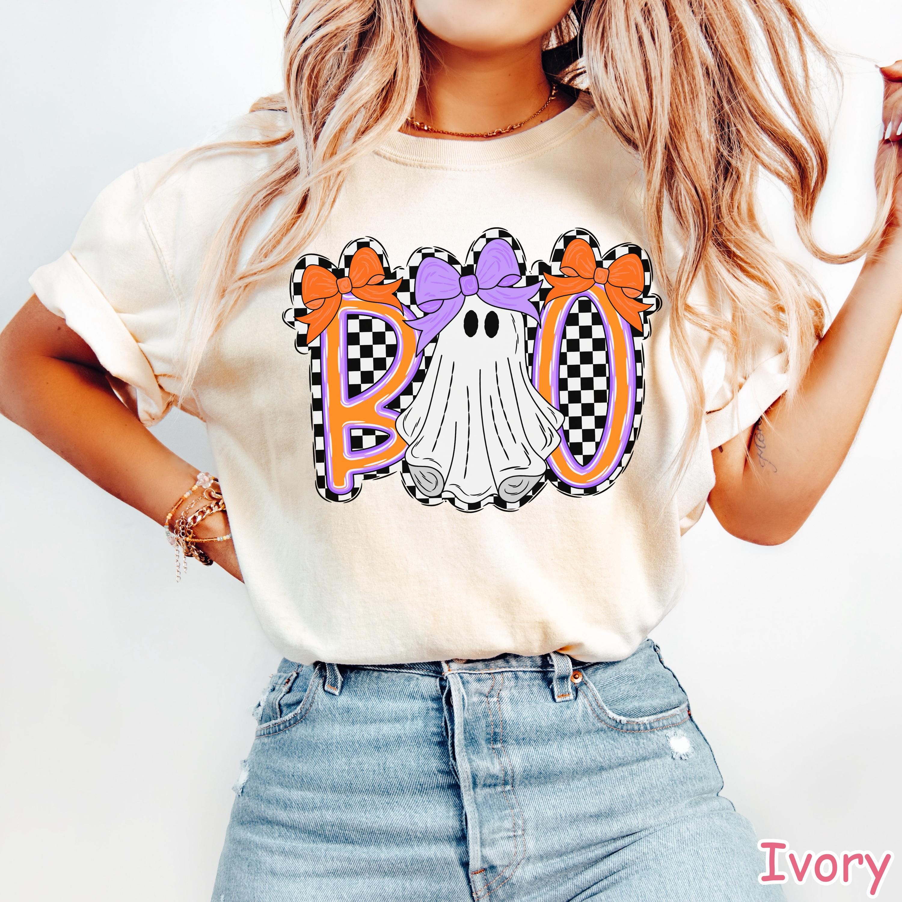 Comfort Colors® Cute Ghost Halloween Shirt, Boo Ghost Shirt, Coquette Halloween Shirt, Retro Checkered Spooky Season, Girly Ghost Bow Tshirt