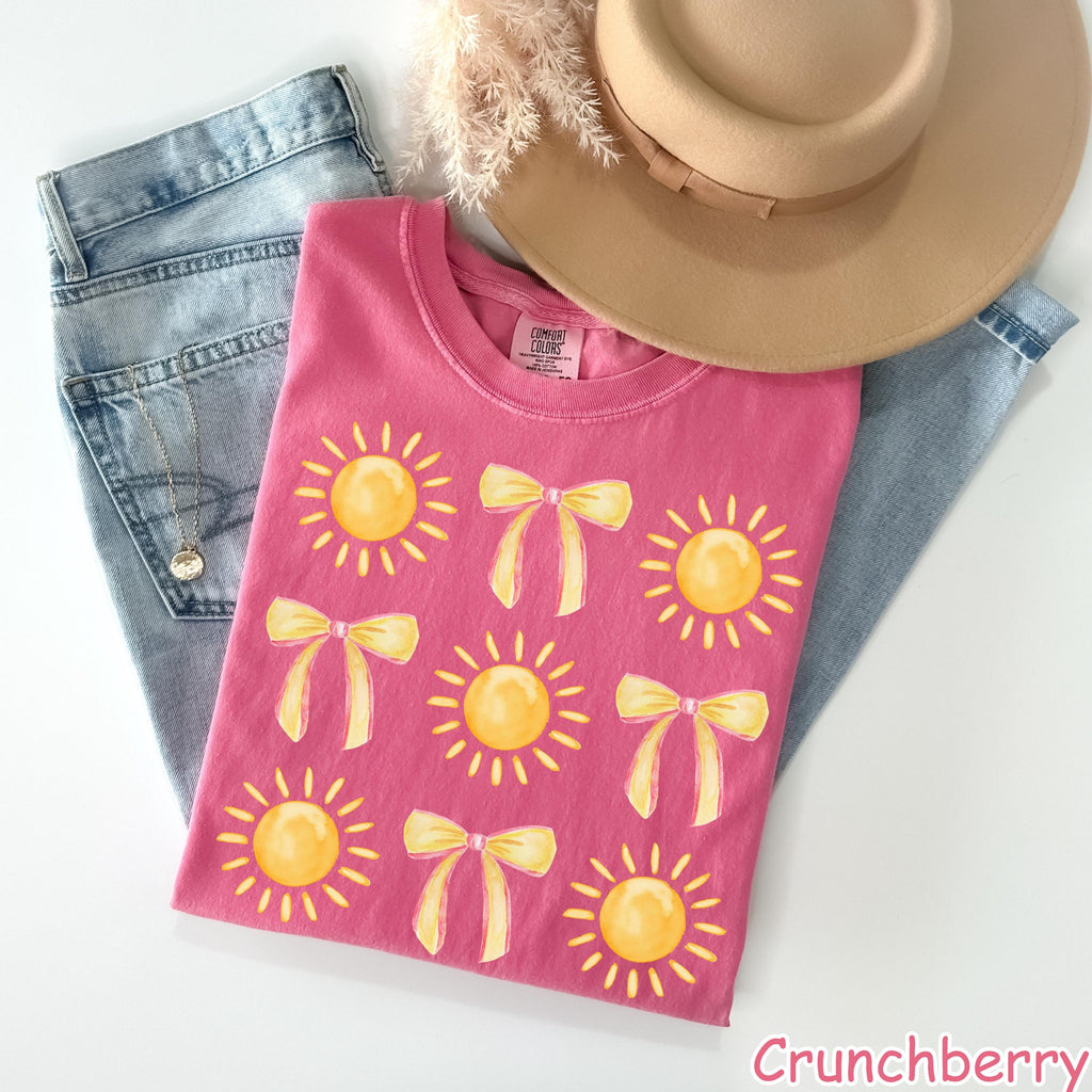 Comfort Colors® Coquette Bow Summer Shirt, Cute Beach Vibes Shirt, Sunshine Shirt Boho Summer Shirt for Women Trendy Sun and Bow Graphic Tee