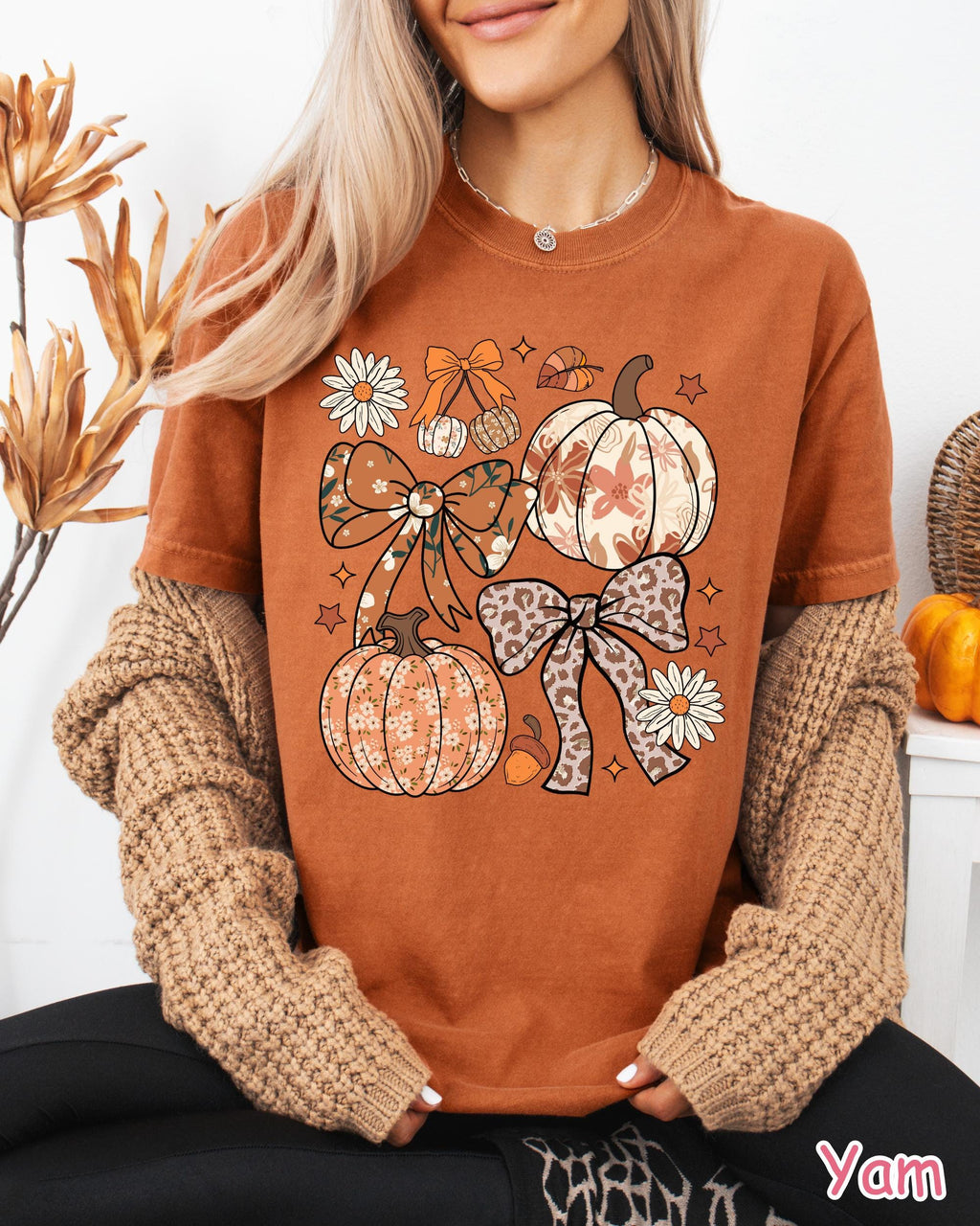 Comfort Colors® Boho Floral Fall Pumpkin Shirt, Coquette Fall Bow Shirt, Preppy Autumn Shirt, Women's Fall Leopard Pumpkin Tee, Cozy Season