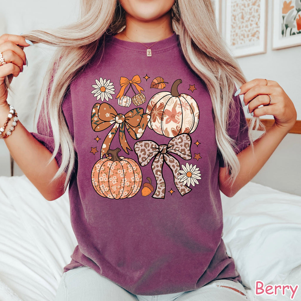 Comfort Colors® Boho Floral Fall Pumpkin Shirt, Coquette Fall Bow Shirt, Preppy Autumn Shirt, Women's Fall Leopard Pumpkin Tee, Cozy Season