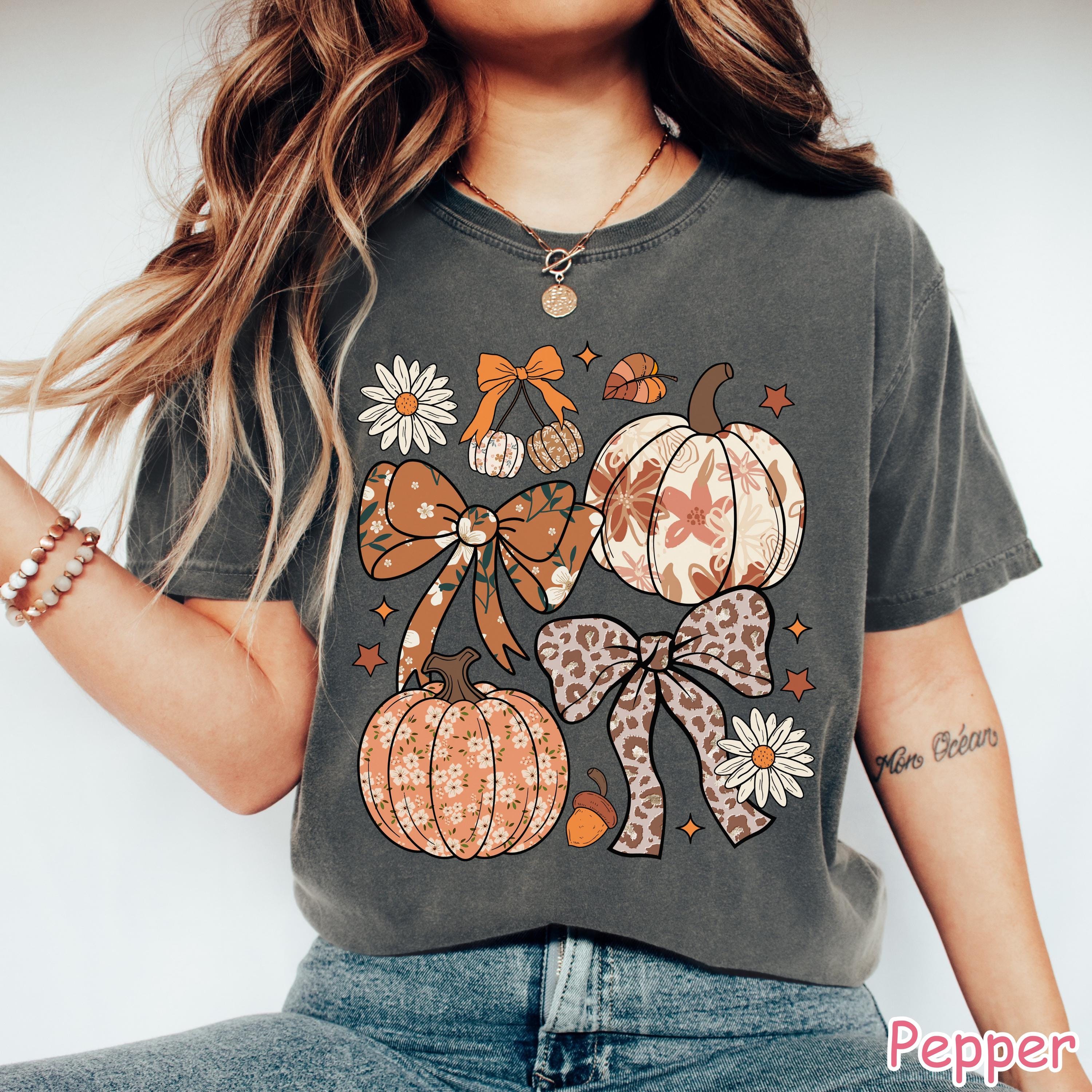 Comfort Colors® Boho Floral Fall Pumpkin Shirt, Coquette Fall Bow Shirt, Preppy Autumn Shirt, Women's Fall Leopard Pumpkin Tee, Cozy Season