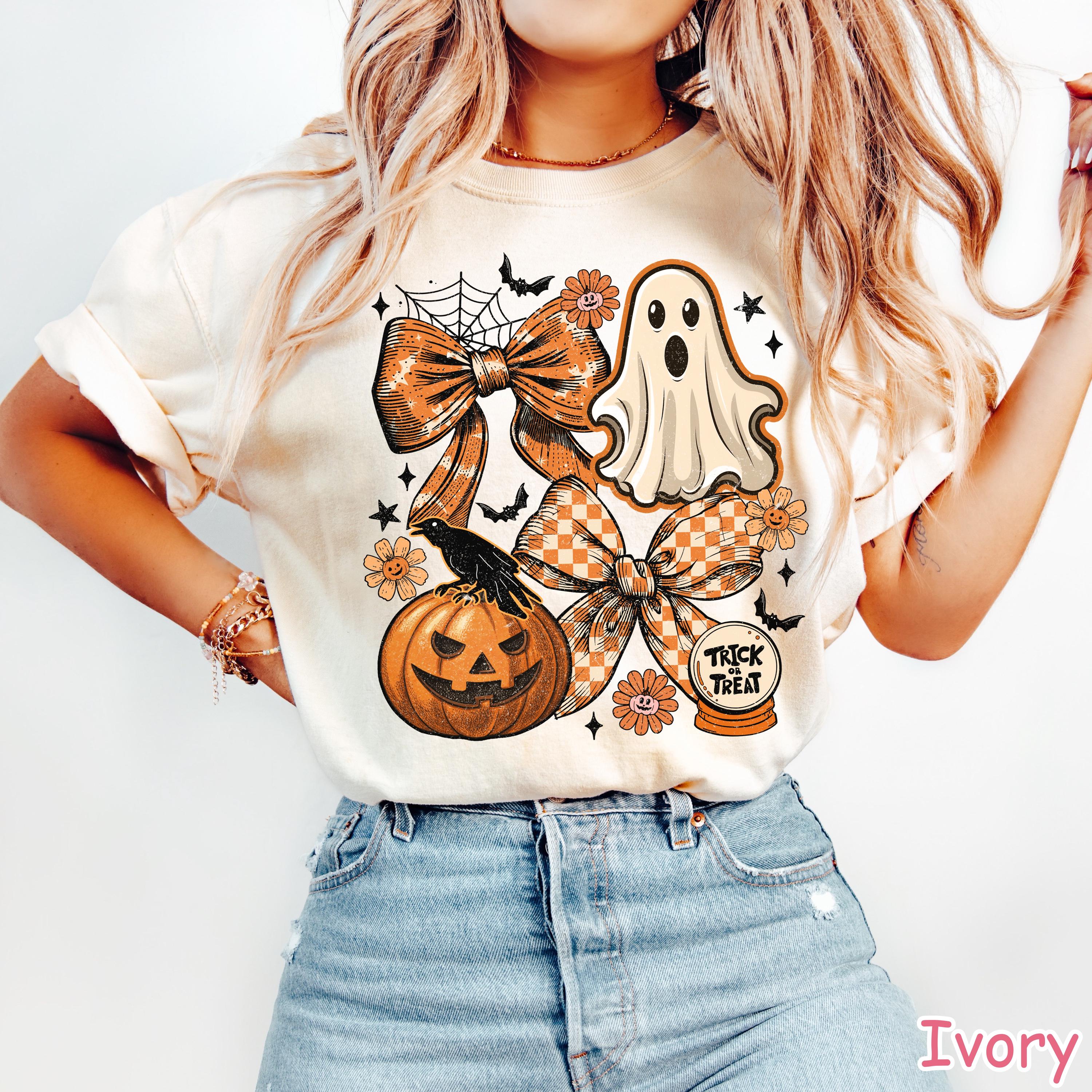 Comfort Colors® Coquette Halloween Shirt, Cute Ghost Pumpkin Shirt, Retro Spooky Season Shirt, Women's Halloween Graphic Tee, Fall Bow Shirt