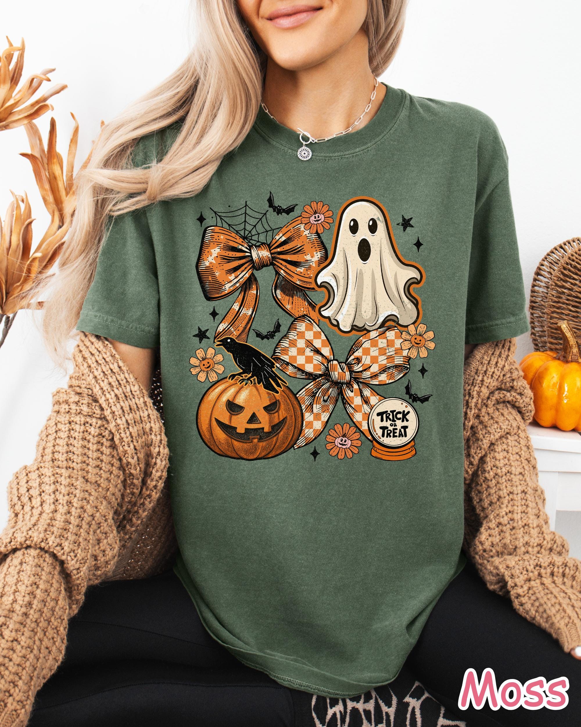 Comfort Colors® Coquette Halloween Shirt, Cute Ghost Pumpkin Shirt, Retro Spooky Season Shirt, Women's Halloween Graphic Tee, Fall Bow Shirt