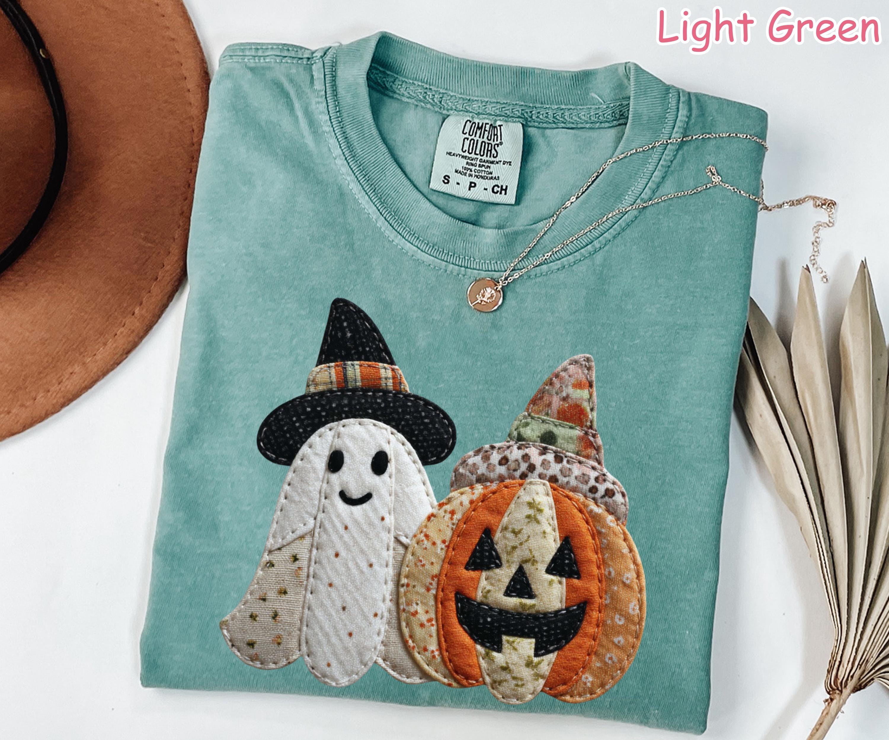 Comfort Colors® Patchwork Ghost Pumpkin Shirt, Cute Halloween Ghost Shirt, Fall Pumpkin T-Shirt, Women's Halloween Graphic Tee Spooky Season