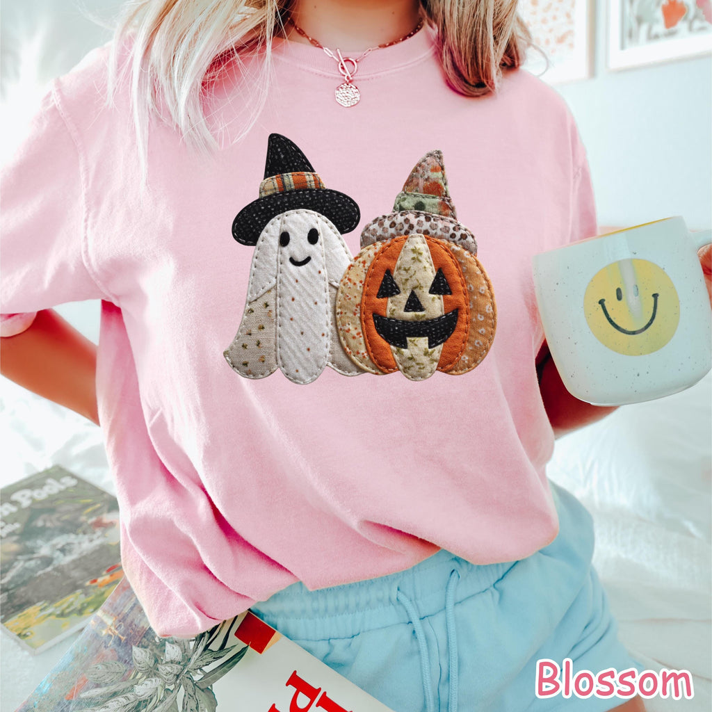 Comfort Colors® Patchwork Ghost Pumpkin Shirt, Cute Halloween Ghost Shirt, Fall Pumpkin T-Shirt, Women's Halloween Graphic Tee Spooky Season