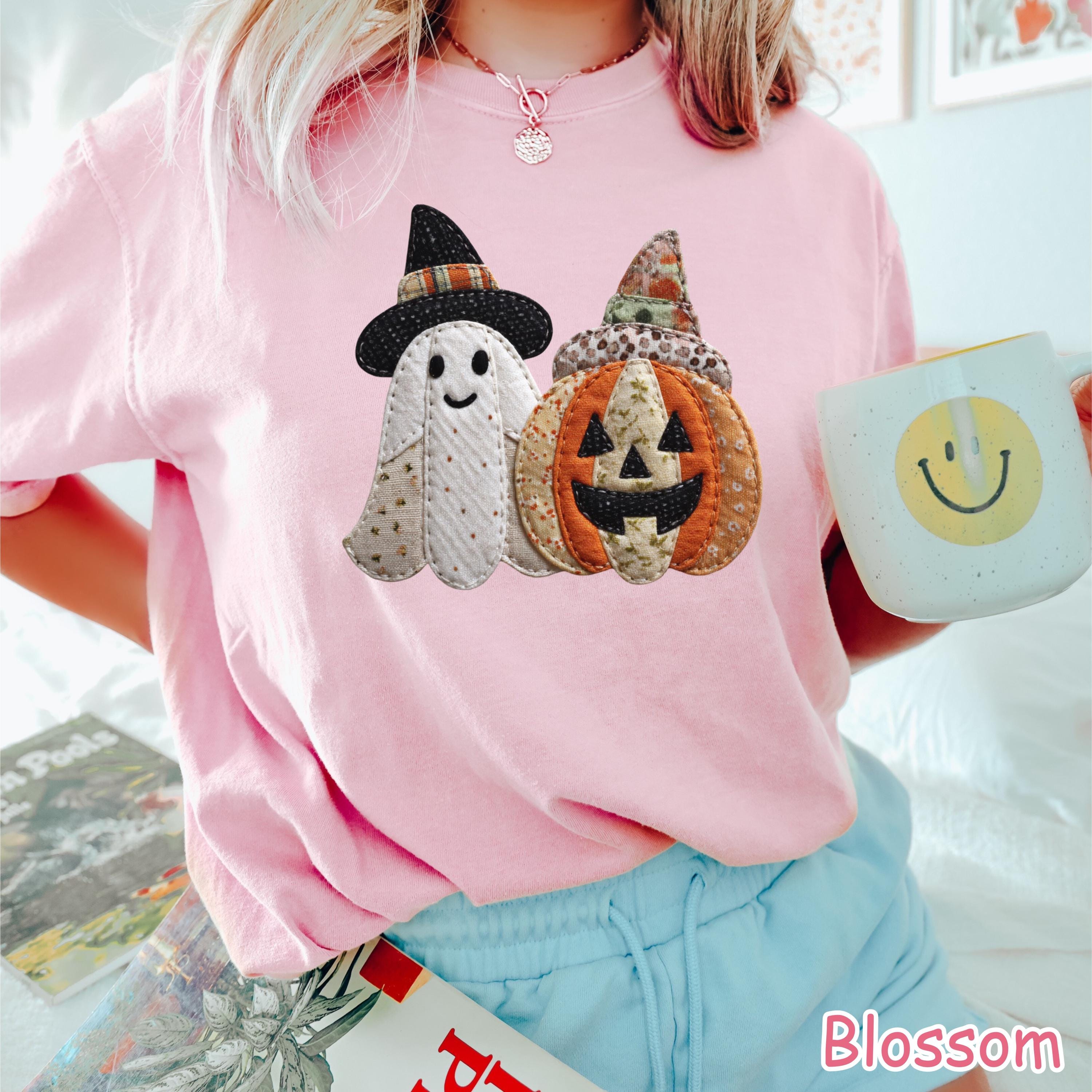 Comfort Colors® Patchwork Ghost Pumpkin Shirt, Cute Halloween Ghost Shirt, Fall Pumpkin T-Shirt, Women's Halloween Graphic Tee Spooky Season