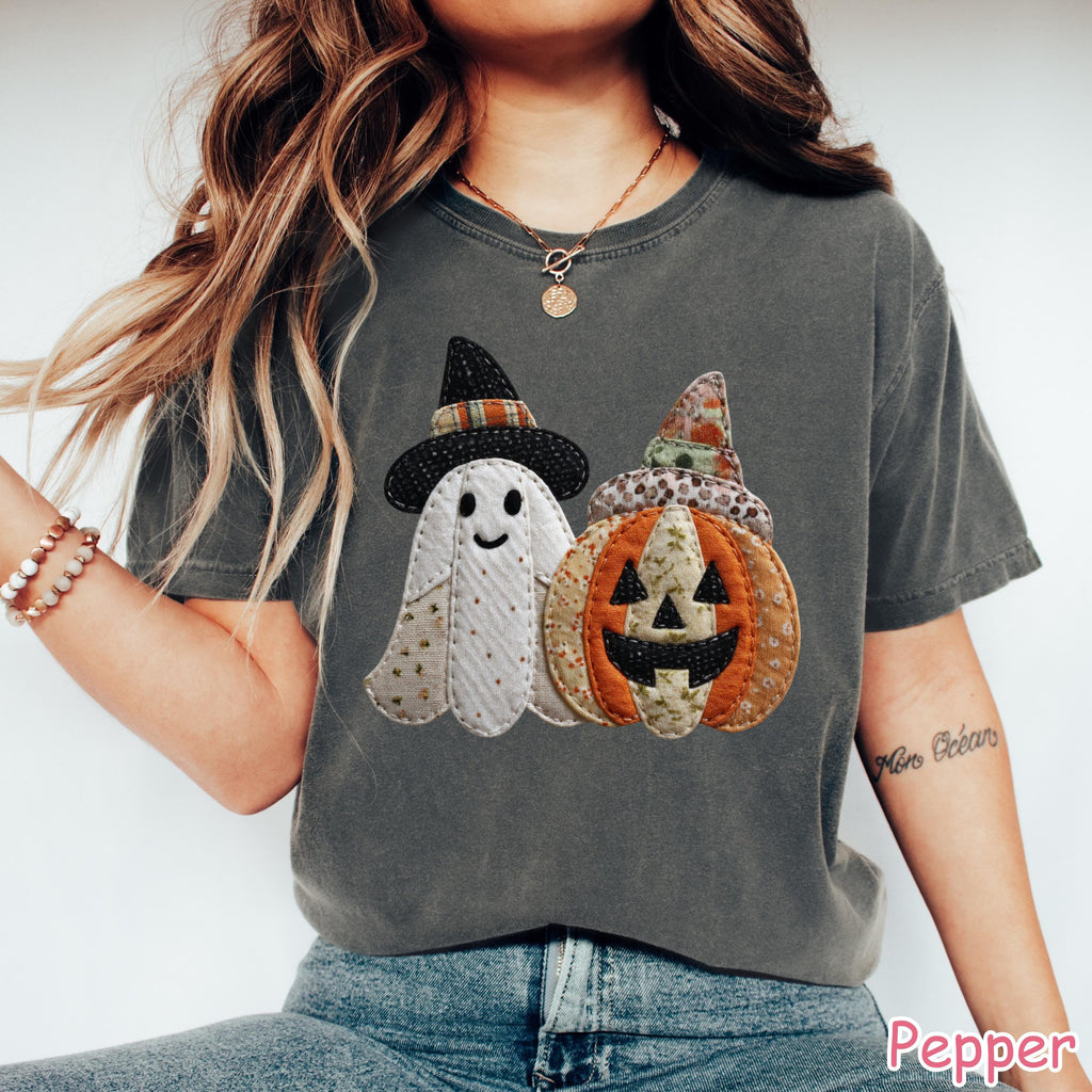 Comfort Colors® Patchwork Ghost Pumpkin Shirt, Cute Halloween Ghost Shirt, Fall Pumpkin T-Shirt, Women's Halloween Graphic Tee Spooky Season