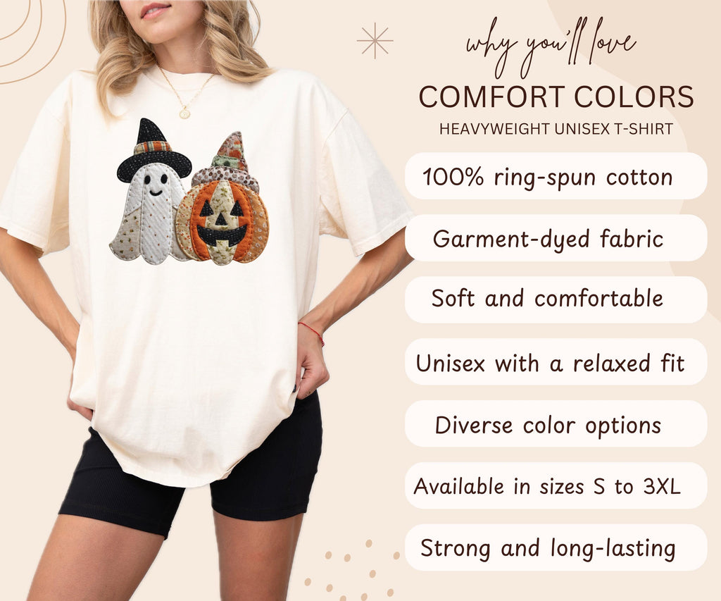 Comfort Colors® Patchwork Ghost Pumpkin Shirt, Cute Halloween Ghost Shirt, Fall Pumpkin T-Shirt, Women's Halloween Graphic Tee Spooky Season