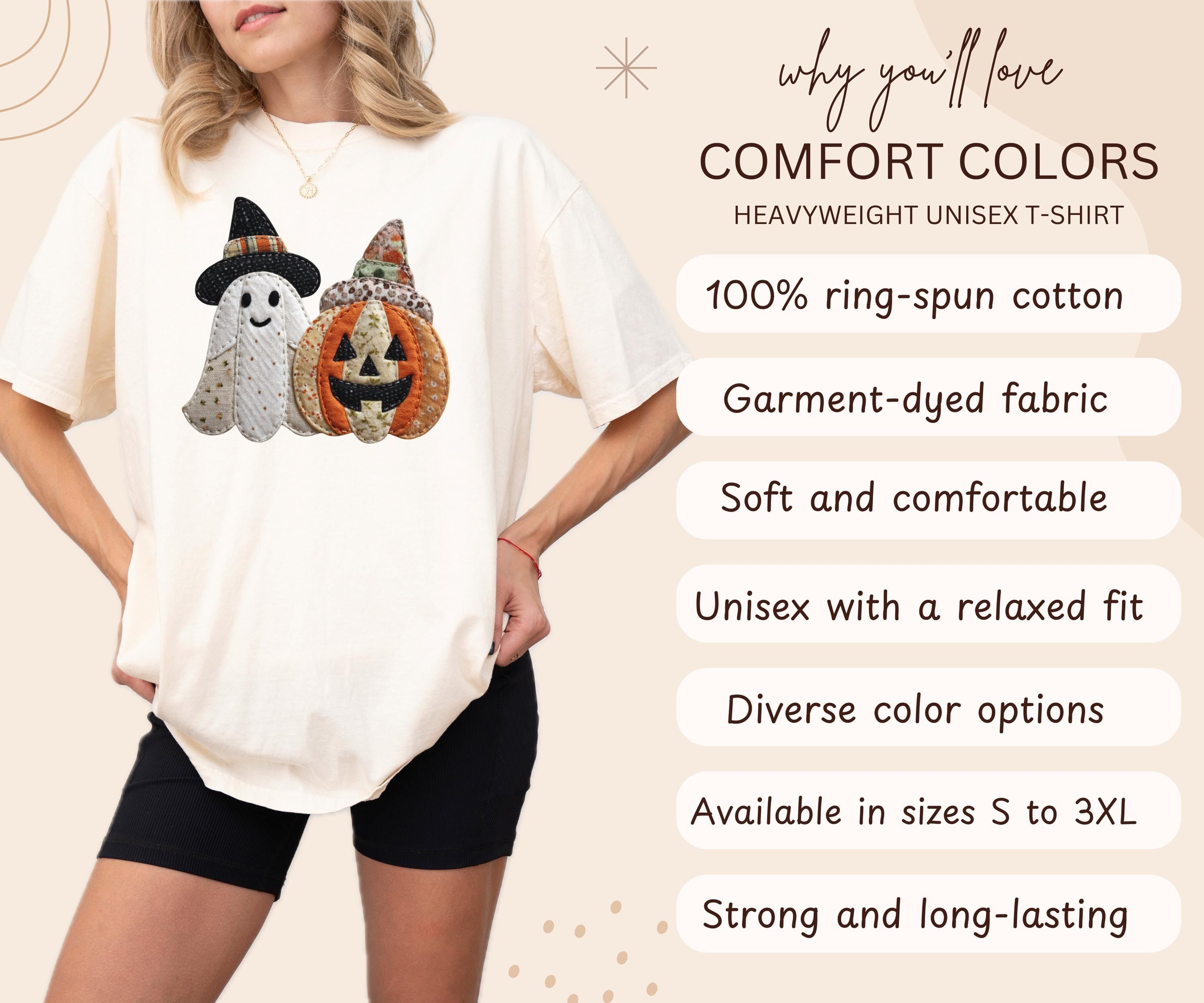 Comfort Colors® Patchwork Ghost Pumpkin Shirt, Cute Halloween Ghost Shirt, Fall Pumpkin T-Shirt, Women's Halloween Graphic Tee Spooky Season