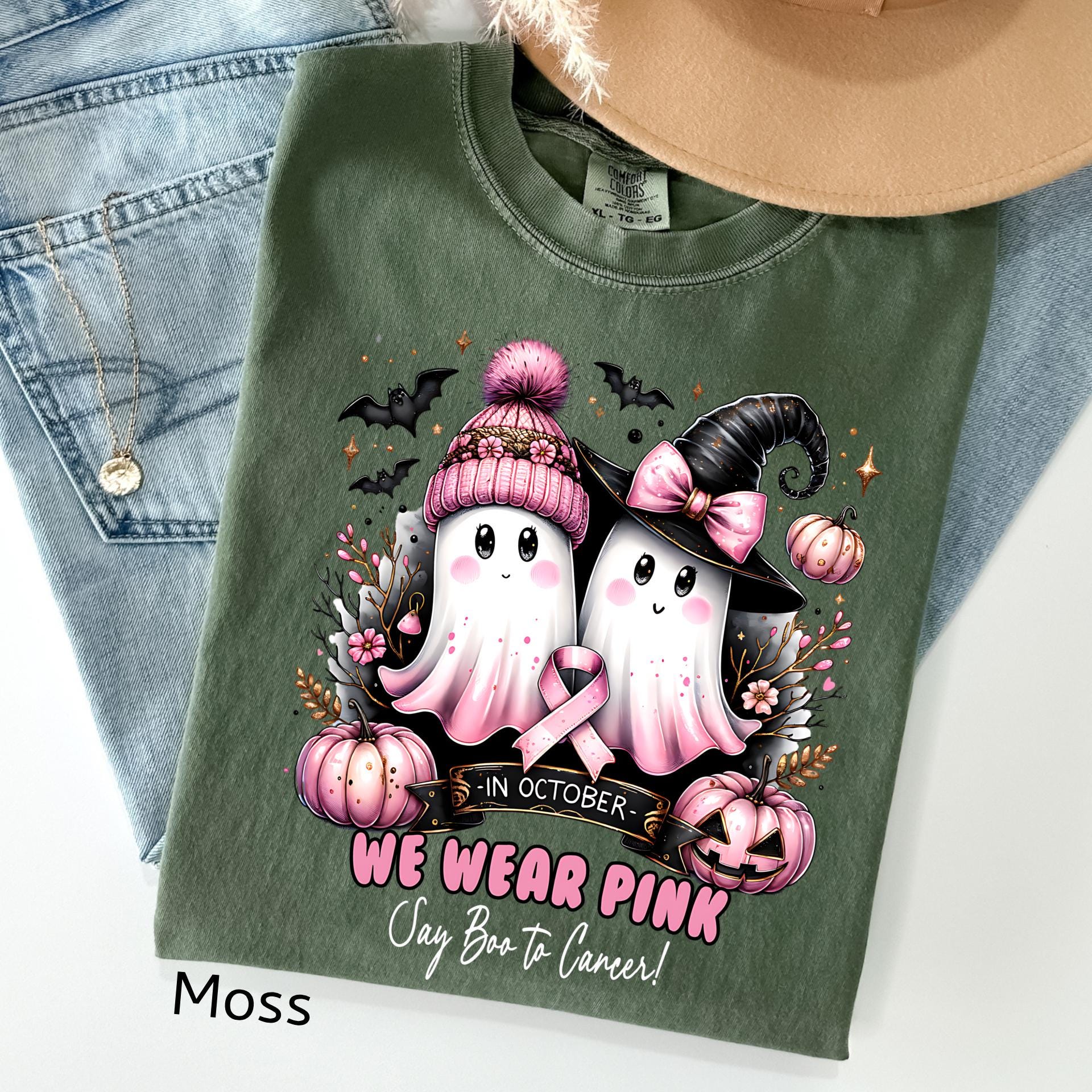 Comfort Colors Pink Ghost Breast Cancer Awareness Halloween Tee