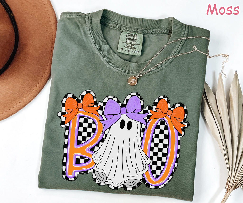 Comfort Colors® Cute Ghost Halloween Shirt, Boo Ghost Shirt, Coquette Halloween Shirt, Retro Checkered Spooky Season, Girly Ghost Bow Tshirt