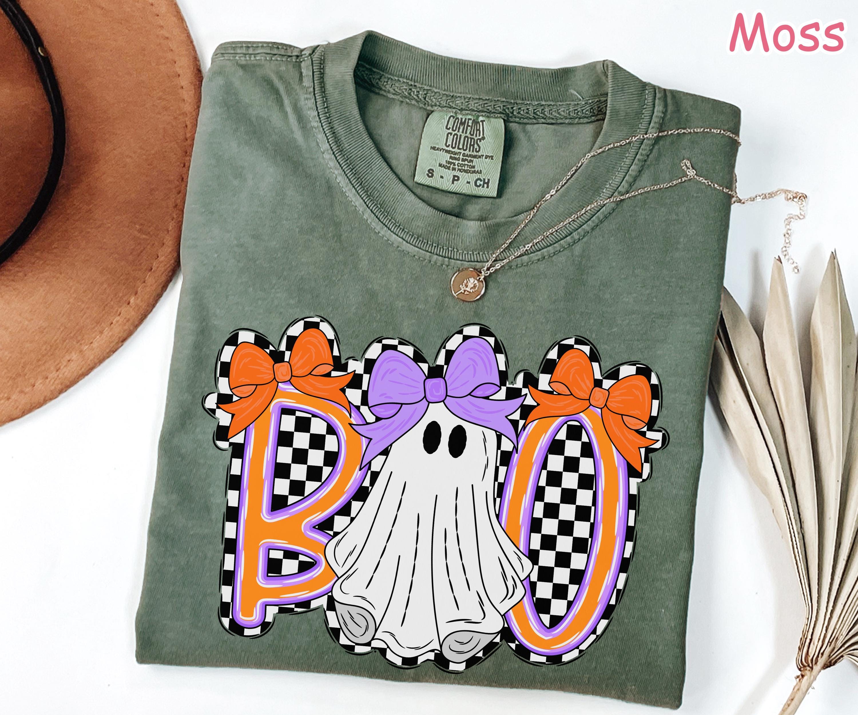Comfort Colors® Cute Ghost Halloween Shirt, Boo Ghost Shirt, Coquette Halloween Shirt, Retro Checkered Spooky Season, Girly Ghost Bow Tshirt