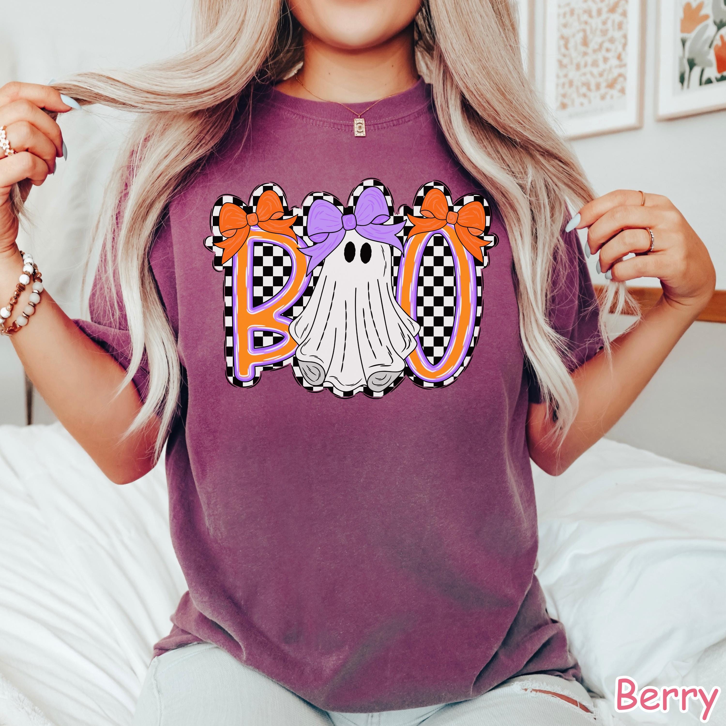 Comfort Colors® Cute Ghost Halloween Shirt, Boo Ghost Shirt, Coquette Halloween Shirt, Retro Checkered Spooky Season, Girly Ghost Bow Tshirt
