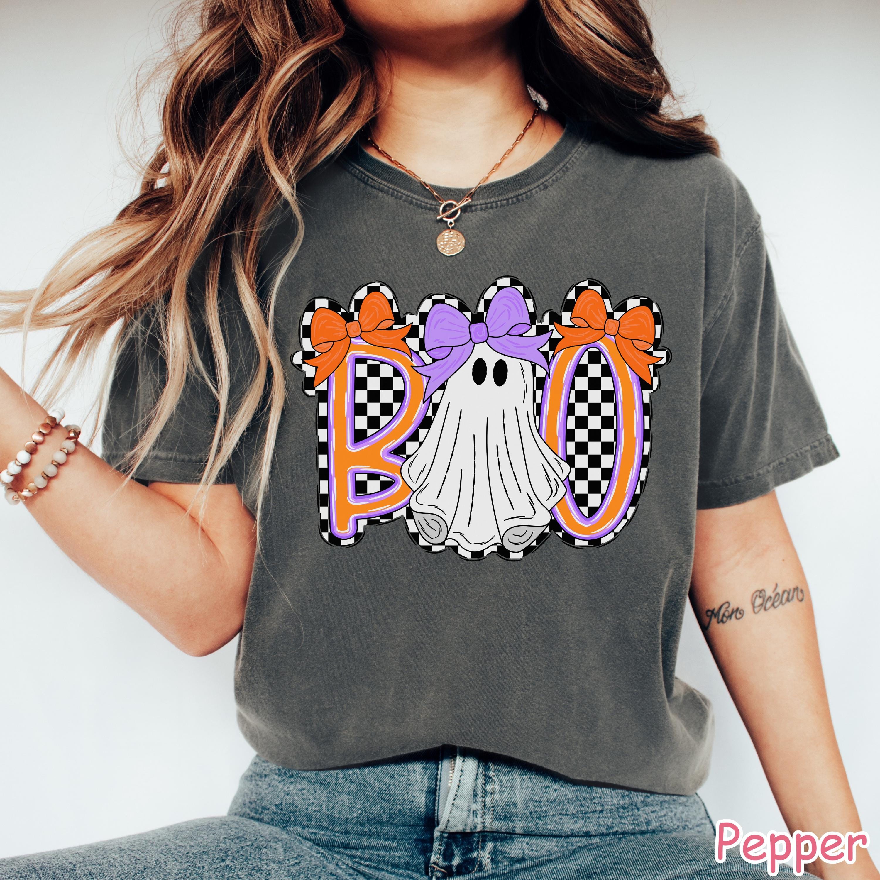 Comfort Colors® Cute Ghost Halloween Shirt, Boo Ghost Shirt, Coquette Halloween Shirt, Retro Checkered Spooky Season, Girly Ghost Bow Tshirt