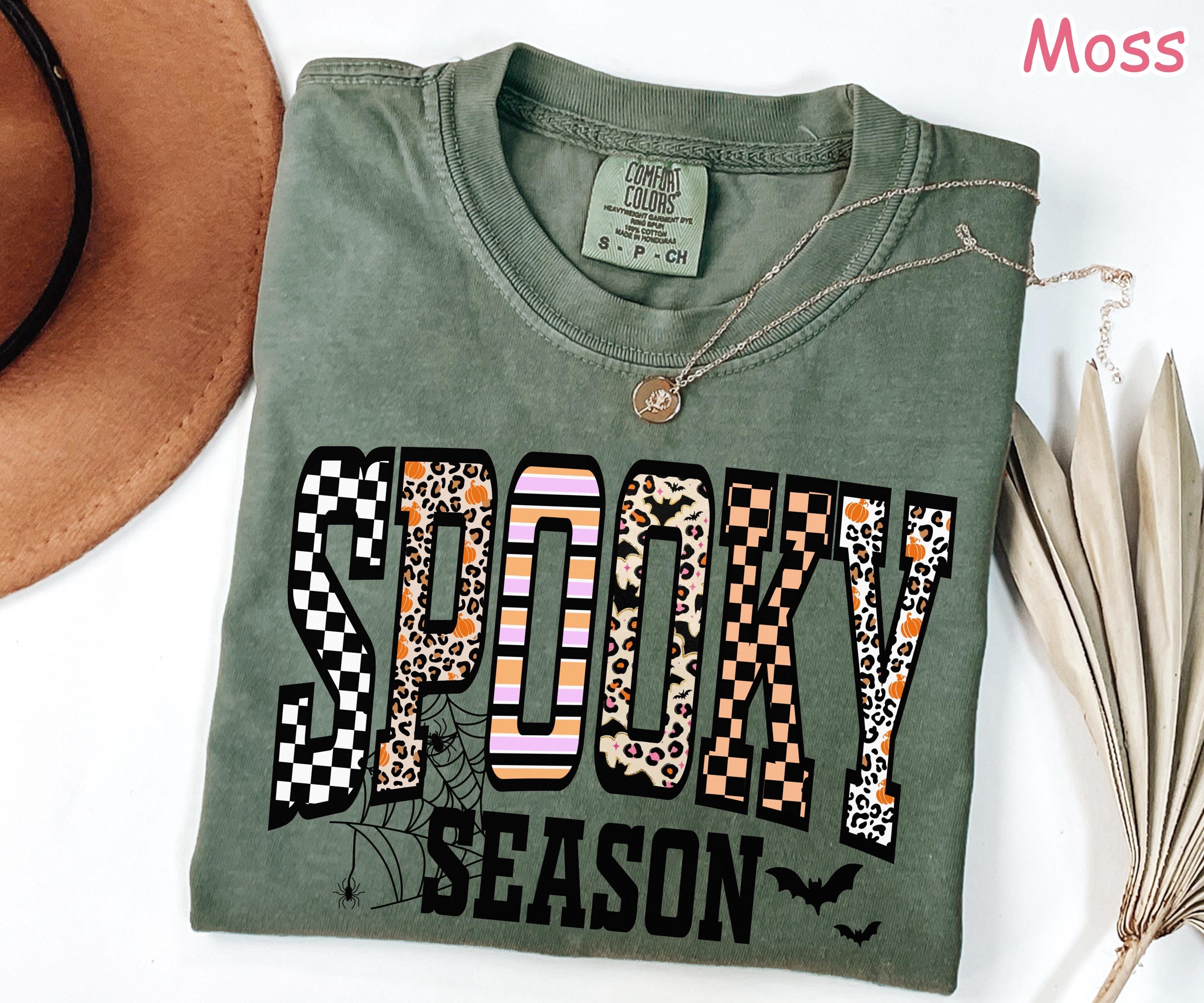 Comfort Colors® Spooky Season Shirt, Retro Halloween Shirt, Leopard Checkered Fall T-Shirt, Women's Halloween Graphic Tee, Girly Halloween