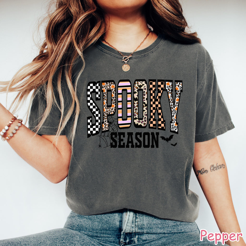 Comfort Colors® Spooky Season Shirt, Retro Halloween Shirt, Leopard Checkered Fall T-Shirt, Women's Halloween Graphic Tee, Girly Halloween