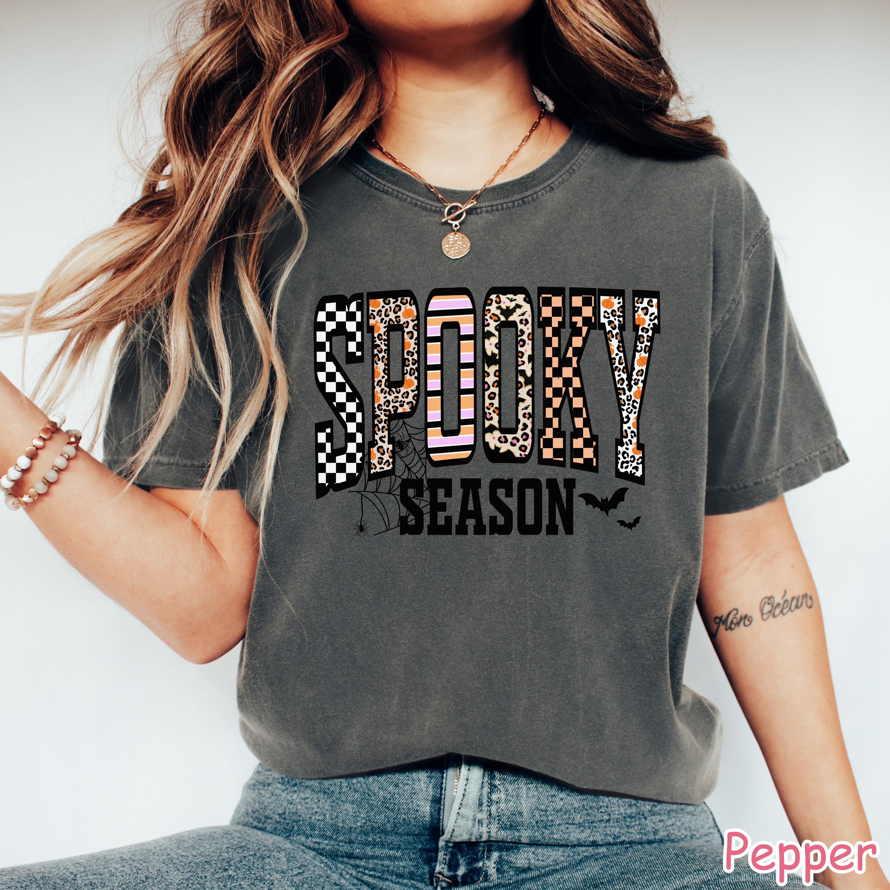 Comfort Colors® Spooky Season Shirt, Retro Halloween Shirt, Leopard Checkered Fall T-Shirt, Women's Halloween Graphic Tee, Girly Halloween