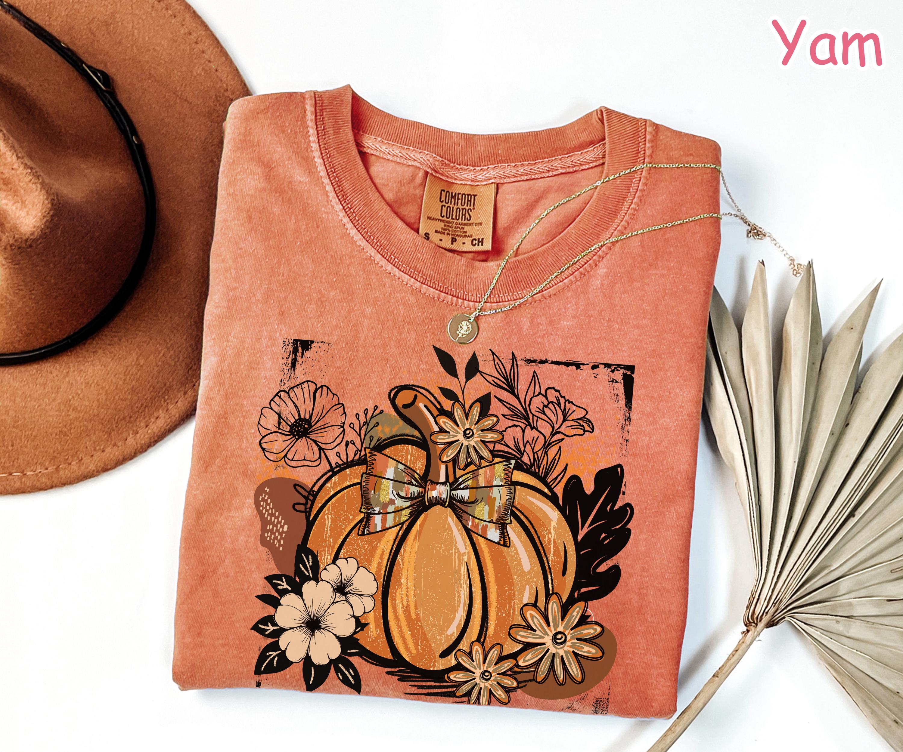 Comfort Colors® Floral Pumpkin Shirt, Retro Fall Pumpkin Shirt, Coquette Fall Bow T-Shirt, Autumn Shirt, Women's Fall T-Shirt, Pumpkin Spice