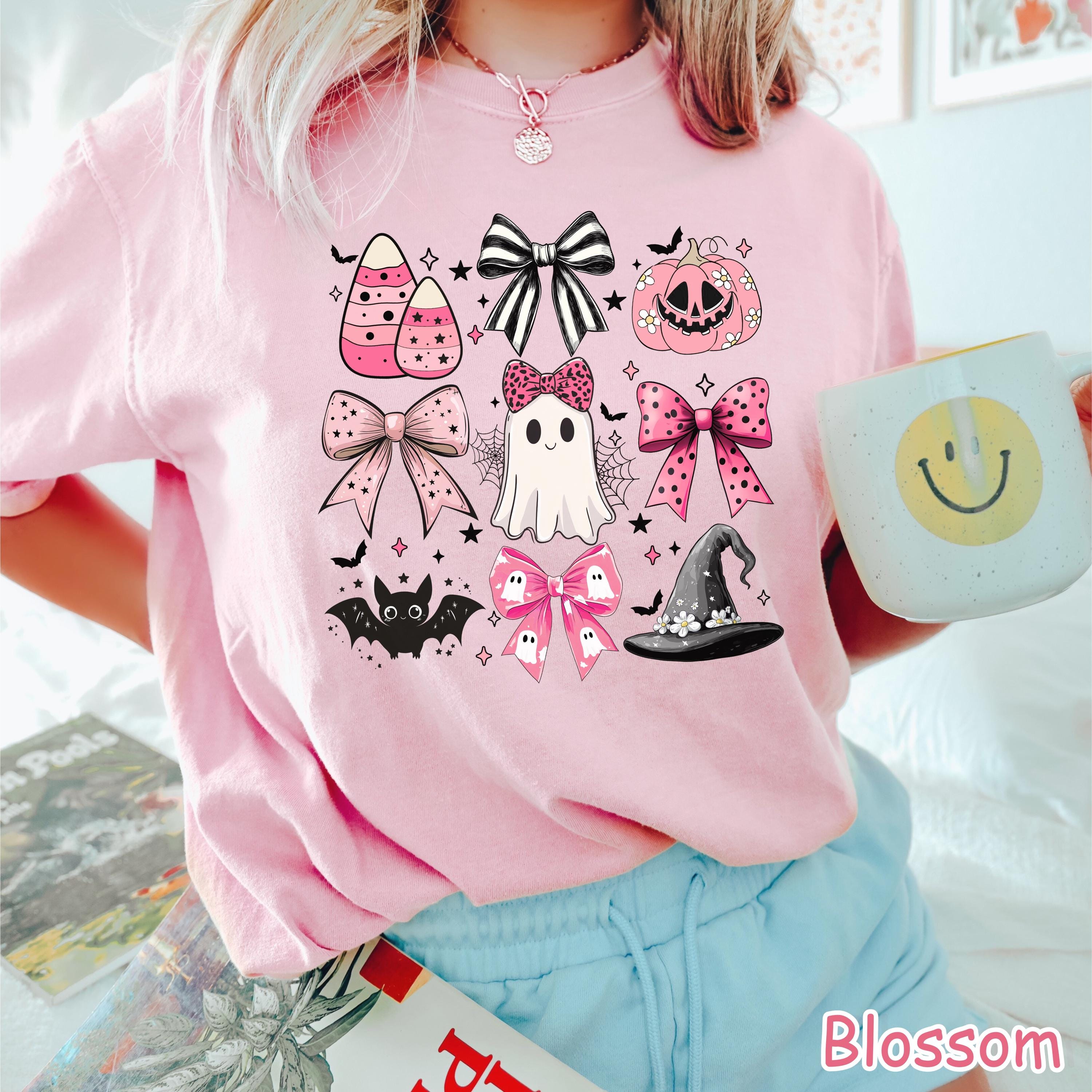 Comfort Colors® Coquette Halloween Spooky Shirt, Pink Girly Bows Halloween Tee, Fall Aesthetic Tee, Cute Ghost Shirt, Women's Halloween Gift