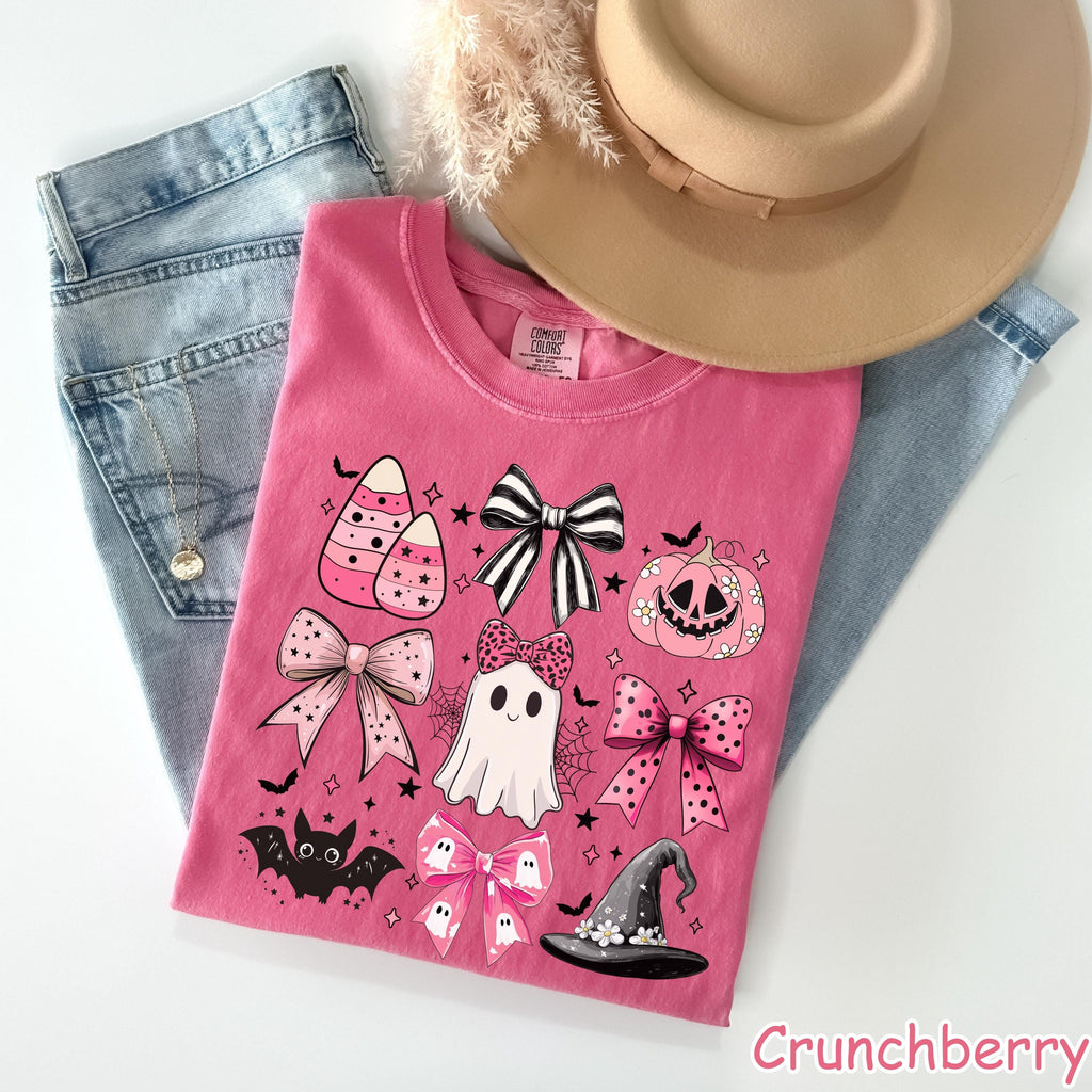 Comfort Colors® Coquette Halloween Spooky Shirt, Pink Girly Bows Halloween Tee, Fall Aesthetic Tee, Cute Ghost Shirt, Women's Halloween Gift