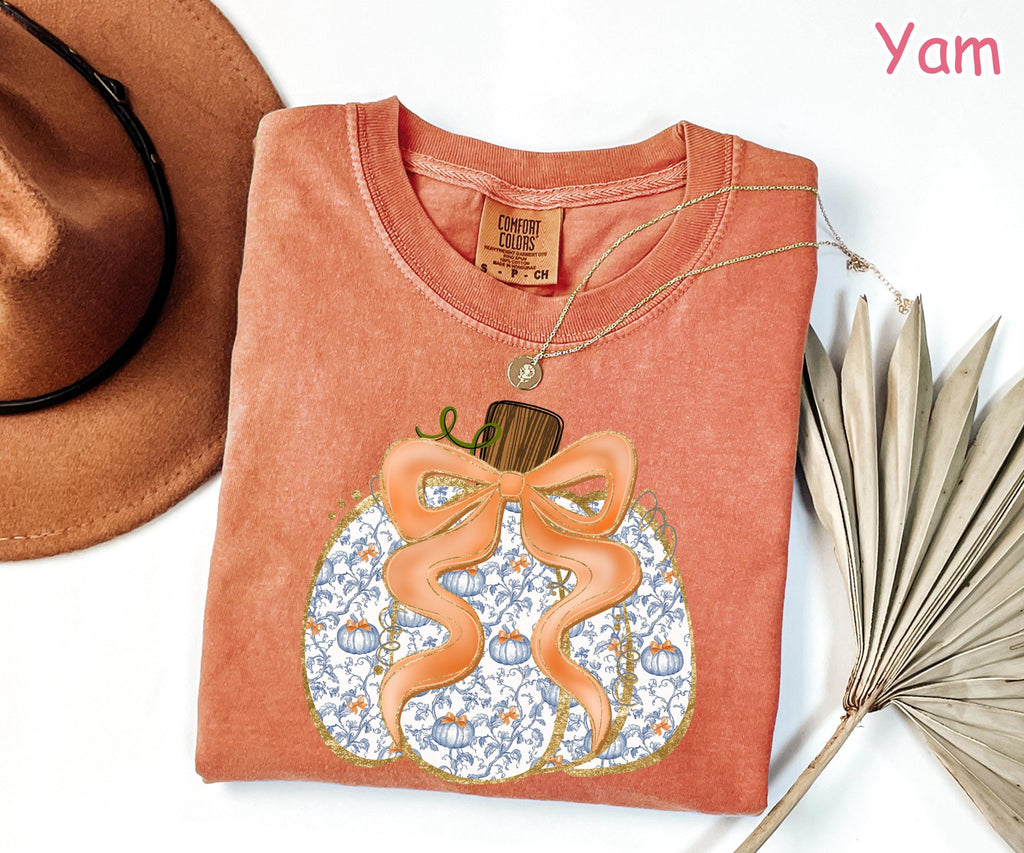 Comfort Colors® Bow Pumpkin Shirt, Coquette Fall Pumpkin Shirt, Girly Fall Shirt,  Autumn Shirt, Women's Fall Aesthetic Tee, Pumpkin Patch