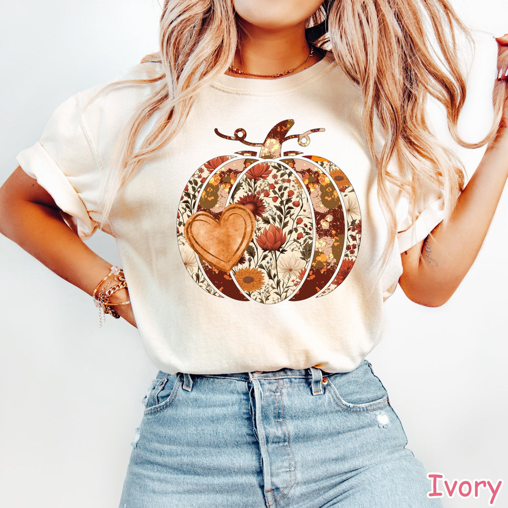 Comfort Colors Boho Pumpkin Shirt: Floral Heart, Fall Thanksgiving Tee