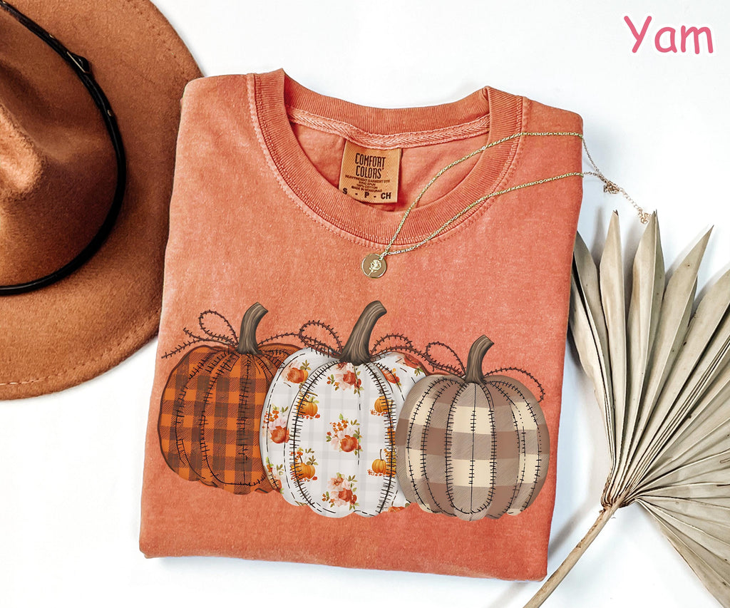 Comfort Colors® Pumpkin Shirt, Boho Fall Pumpkin Shirt, Patchwork Pumpkin Tee, Autumn Long Sleeve Shirt, Fall Harvest Shirt, Pumpkin Patch
