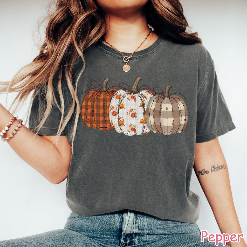 Comfort Colors® Pumpkin Shirt, Boho Fall Pumpkin Shirt, Patchwork Pumpkin Tee, Autumn Long Sleeve Shirt, Fall Harvest Shirt, Pumpkin Patch