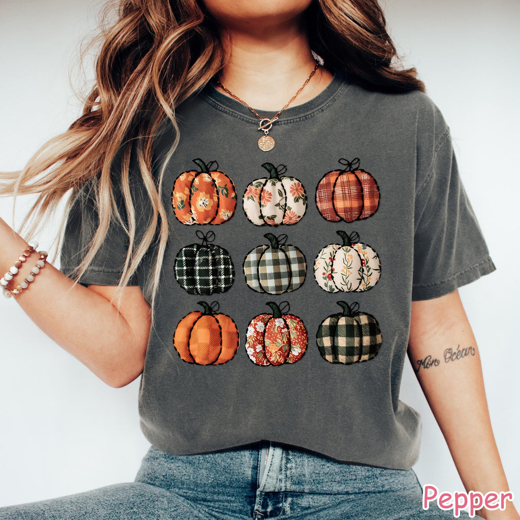 Comfort Colors® Patchwork Pumpkin Shirt, Retro Fall Pumpkin Shirt, Vintage Pumpkins Tee, Autumn Harvest Shirt, Pumpkin Patch Shirt for Women