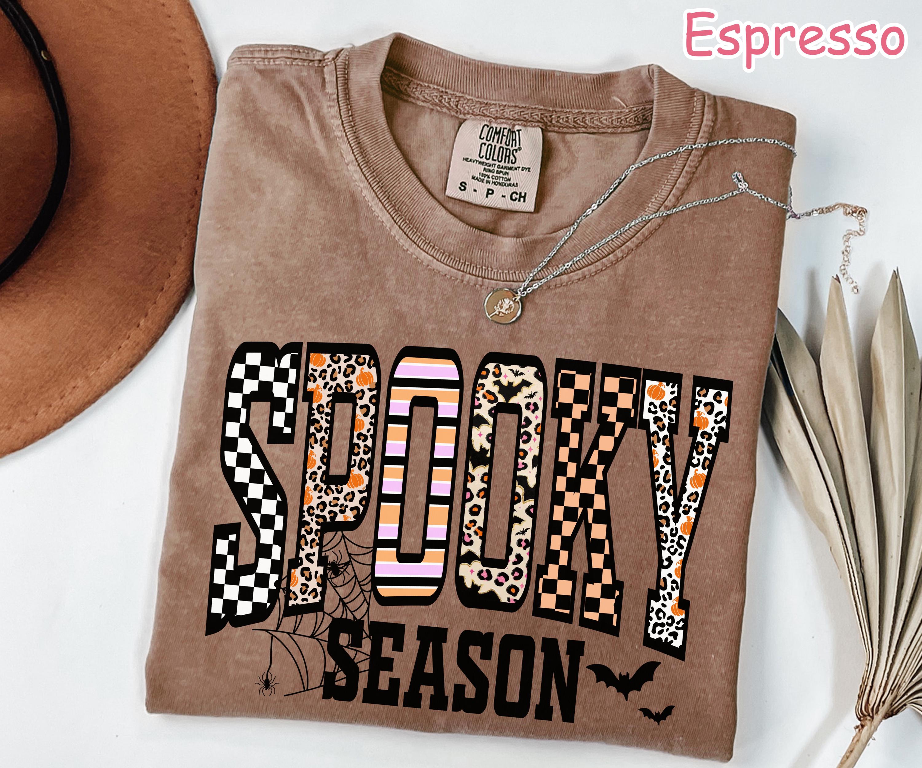 Comfort Colors® Spooky Season Shirt, Retro Halloween Shirt, Leopard Checkered Fall T-Shirt, Women's Halloween Graphic Tee, Girly Halloween